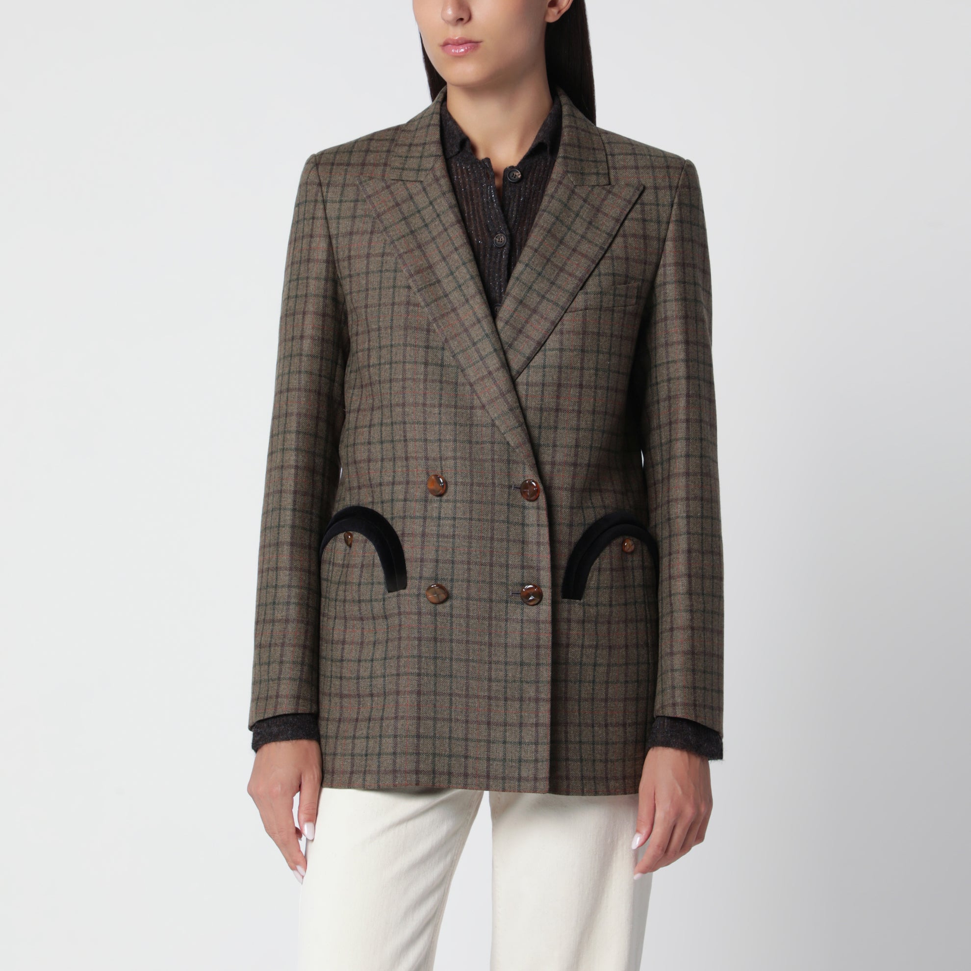 Double-breasted jacket with check pattern in wool and cashmere