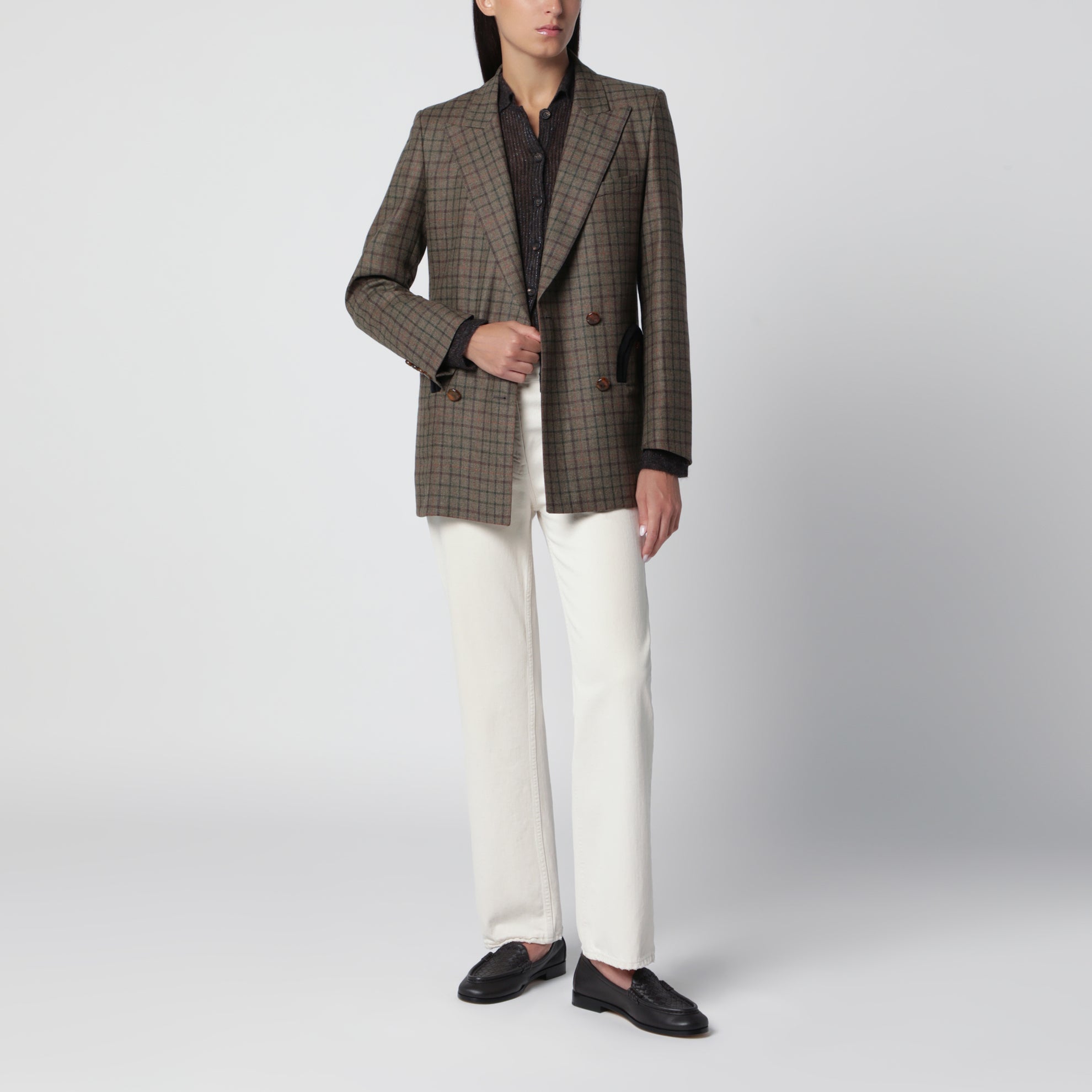 Double-breasted jacket with check pattern in wool and cashmere