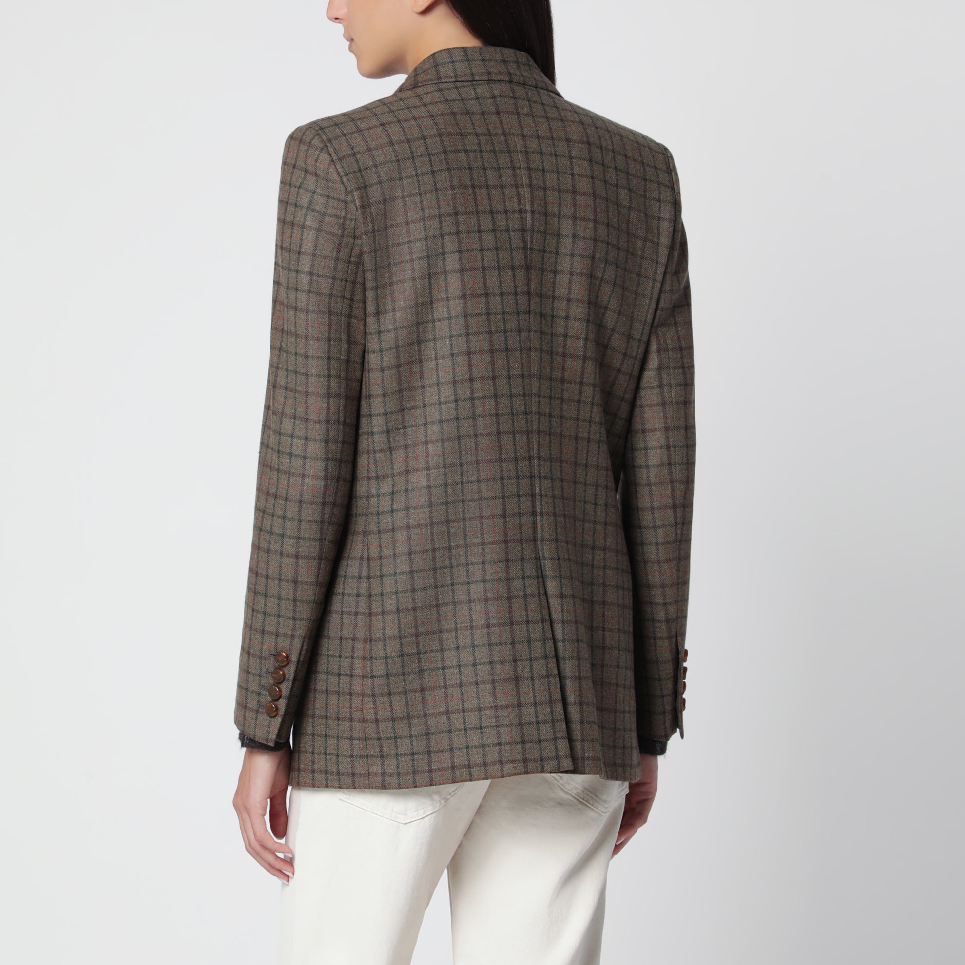Double-breasted jacket with check pattern in wool and cashmere