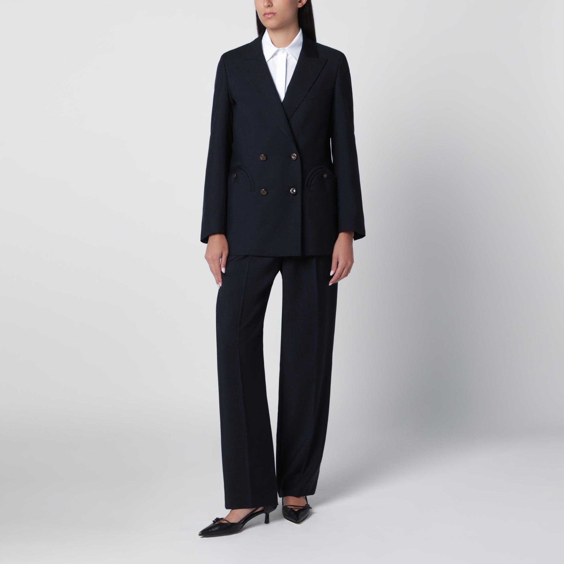 Double-breasted jacket in navy blue wool and mohair