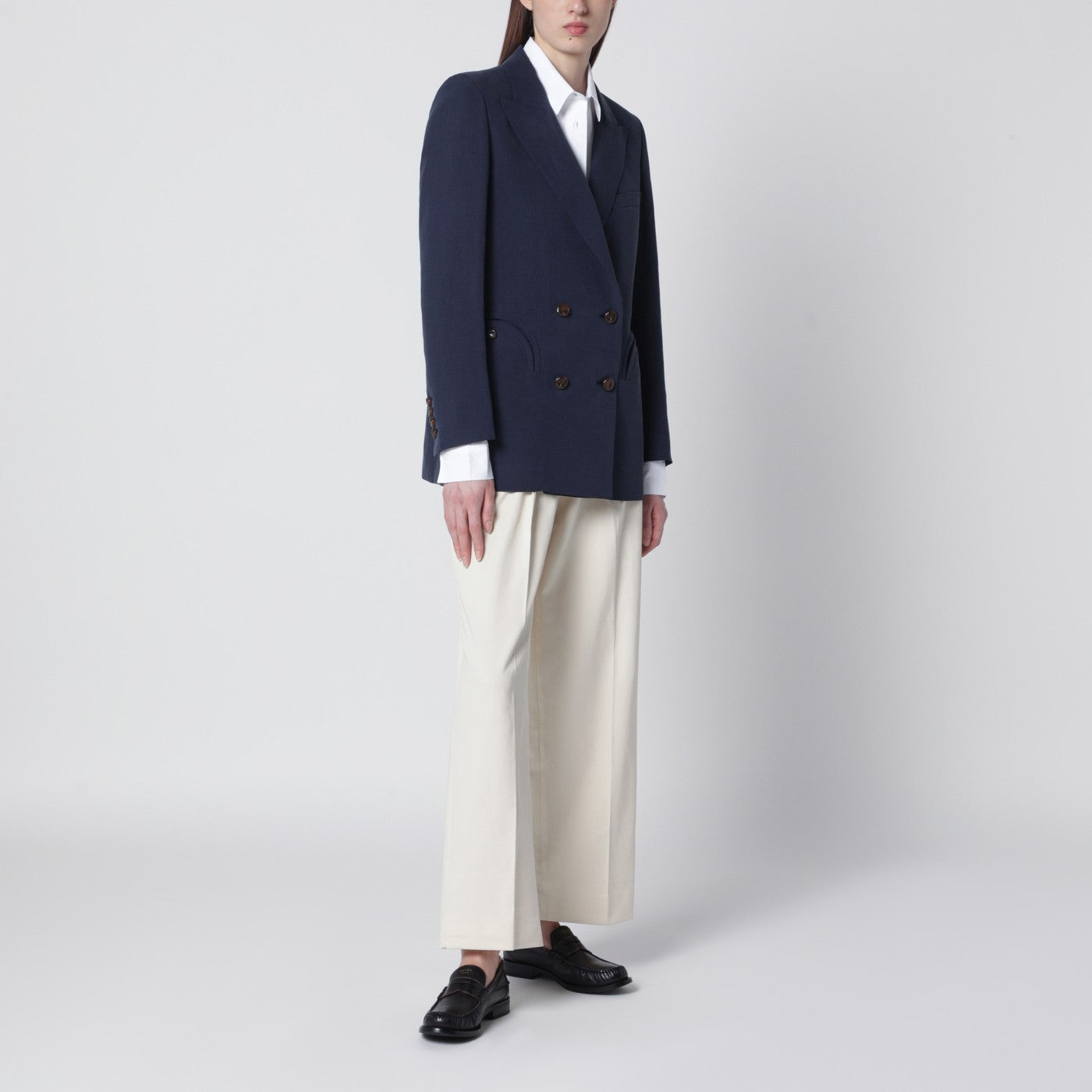 Navy blue double-breasted jacket in linen and silk