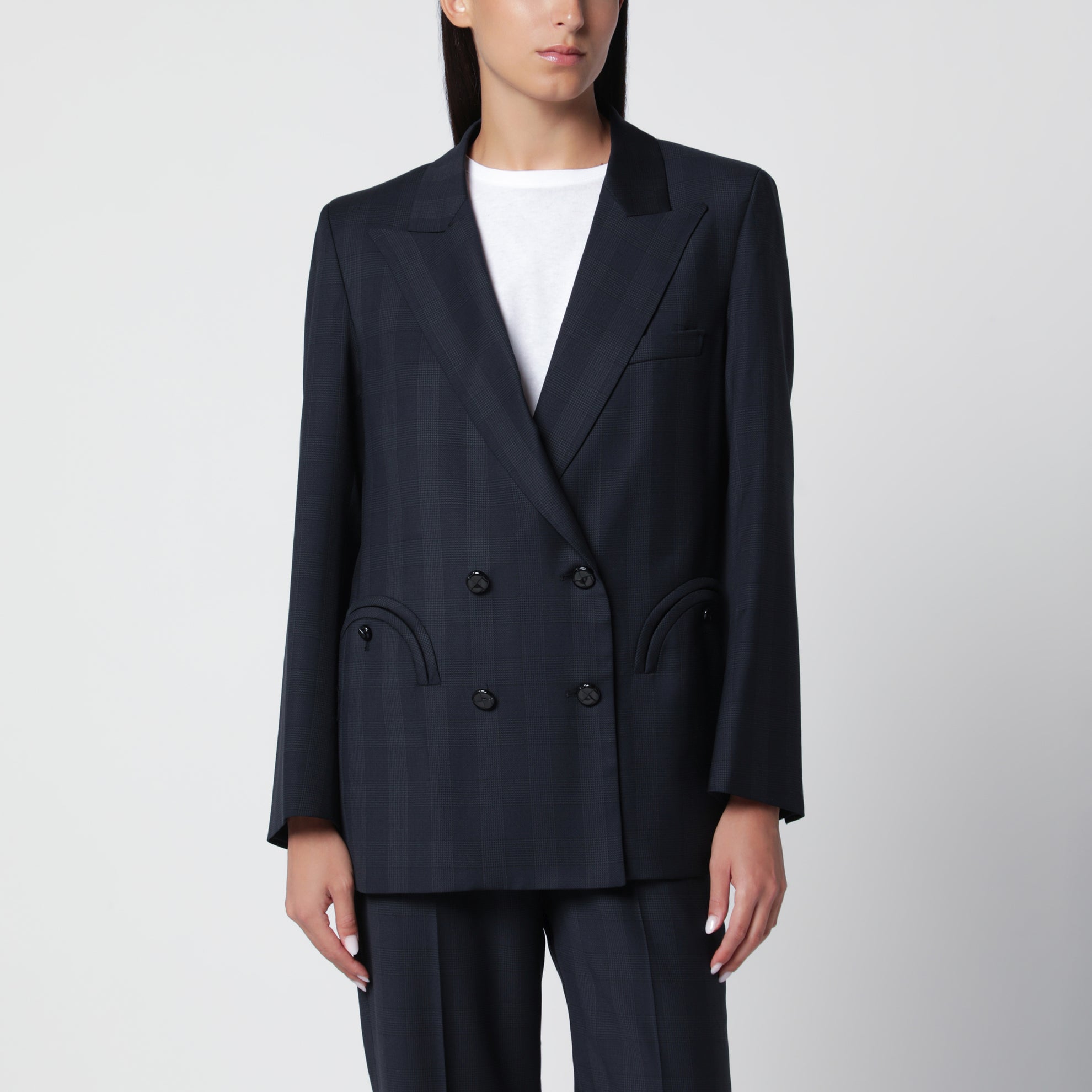 Double-breasted navy blue jacket with Prince of Wales pattern in wool