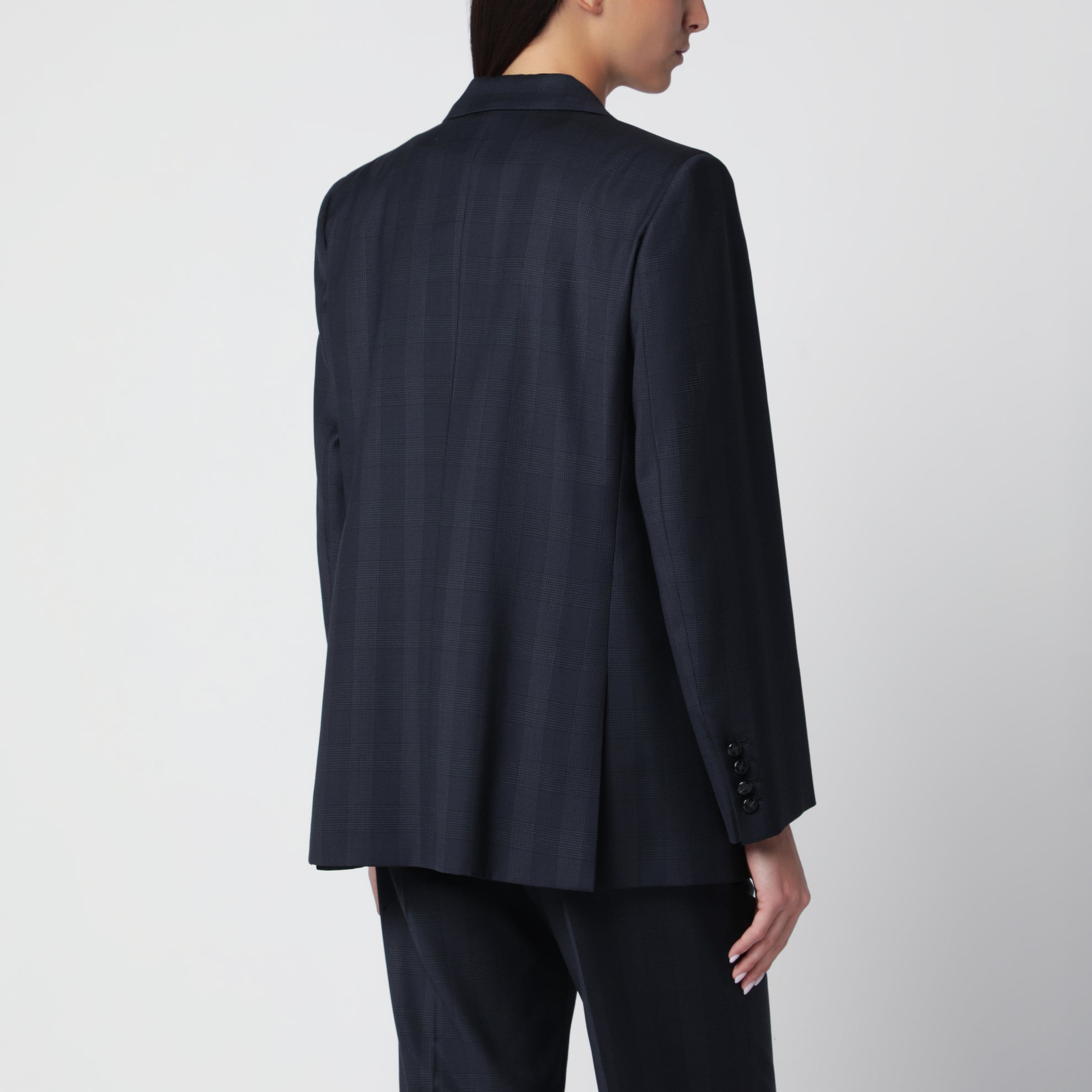 Double-breasted navy blue jacket with Prince of Wales pattern in wool