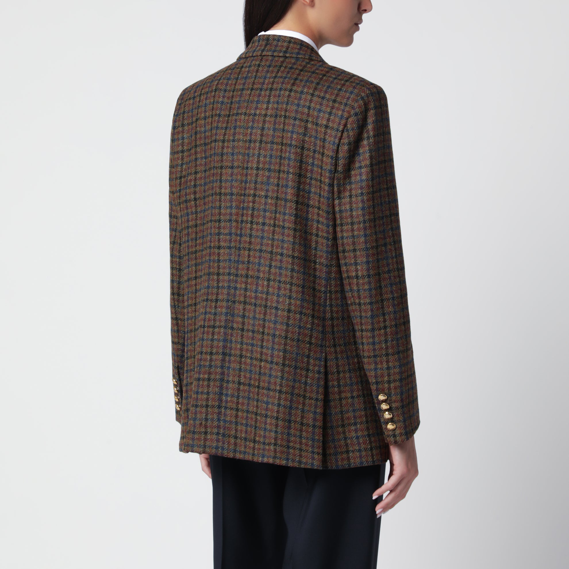 Double-breasted dark green jacket with check pattern in wool