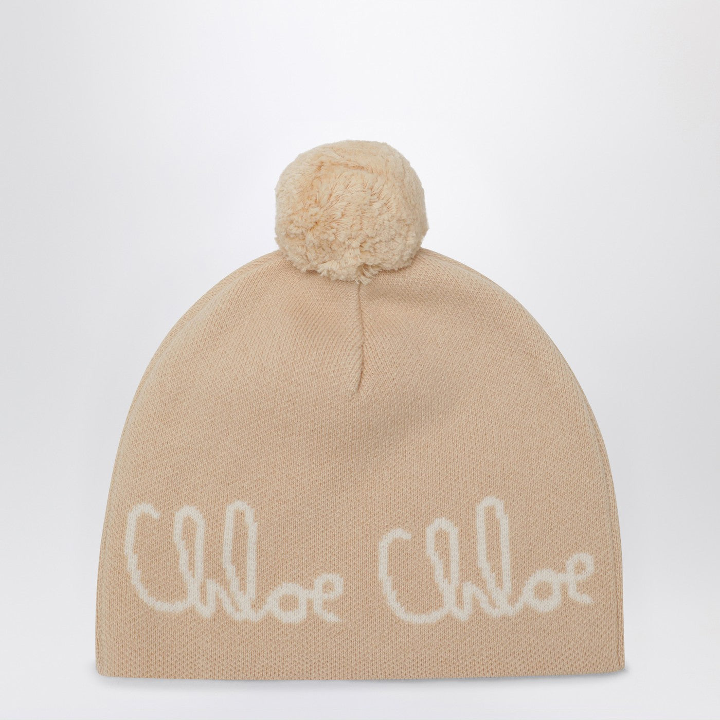 Berretto con pompon beige con logo