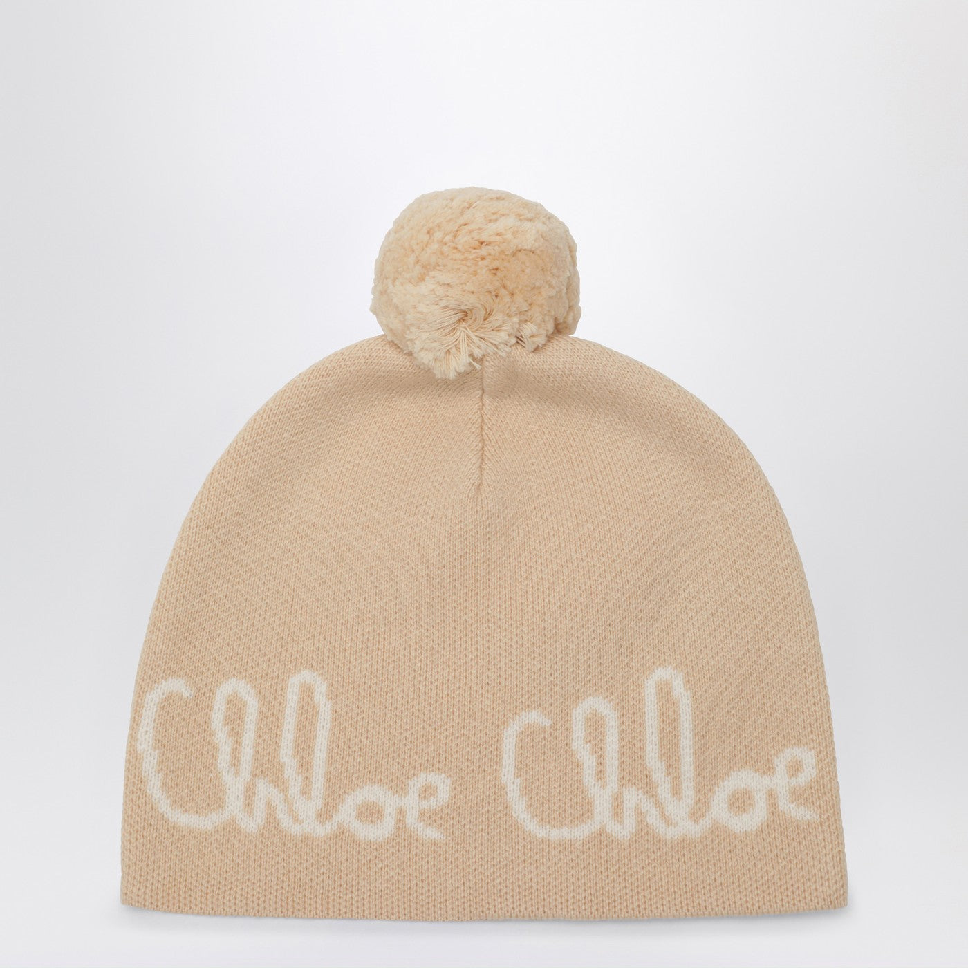 Berretto con pompon beige con logo