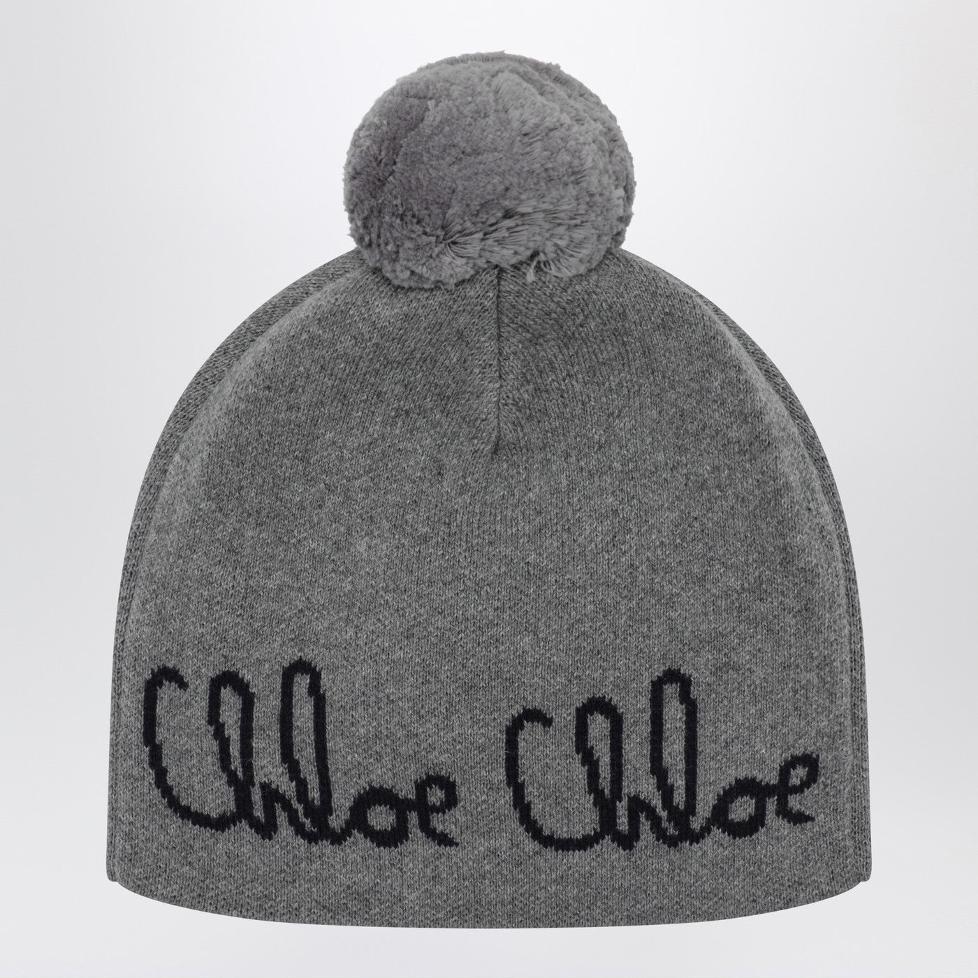 Graue Mütze mit Bommel und Logo