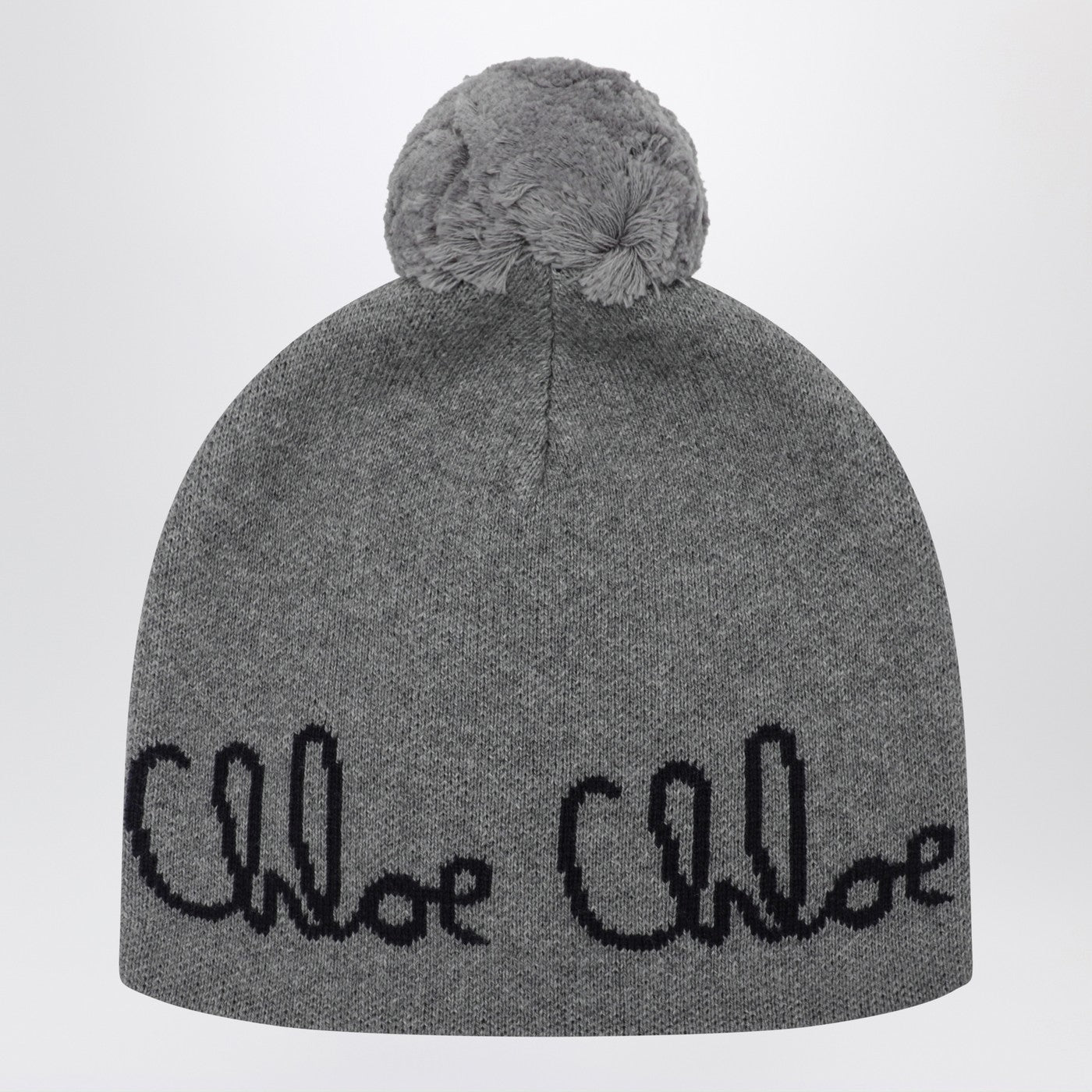 Graue Mütze mit Bommel und Logo
