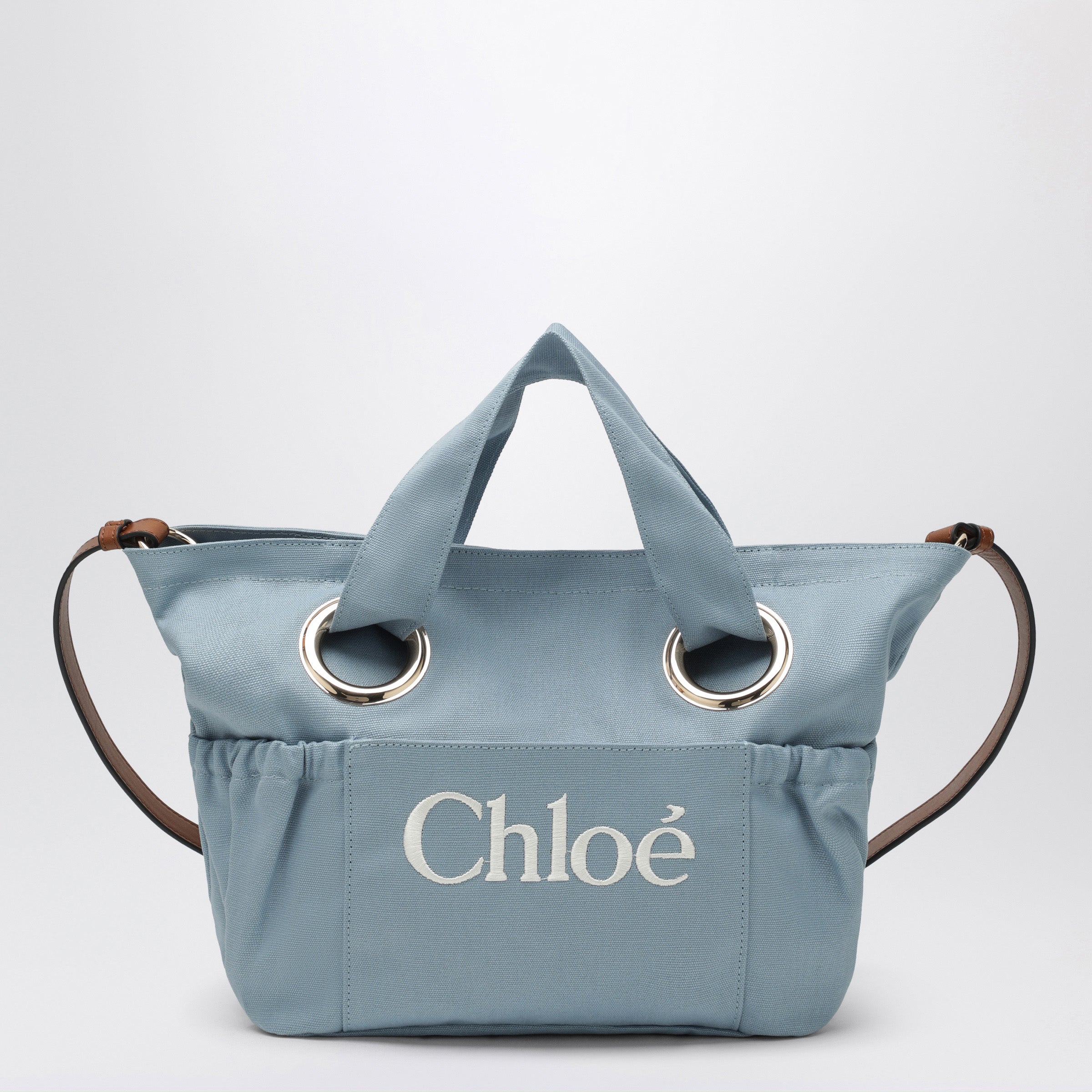 Light blue tote bag with embroidered logo