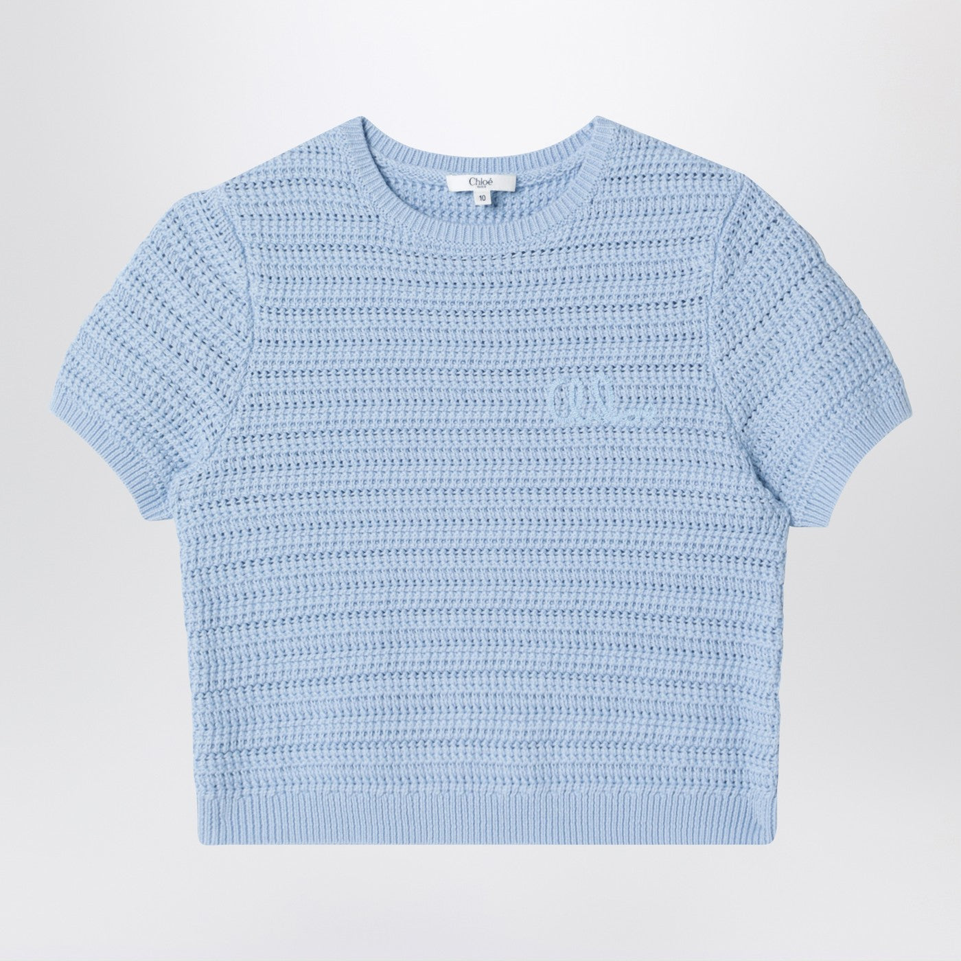 Light blue openwork sweater with logo embroidery