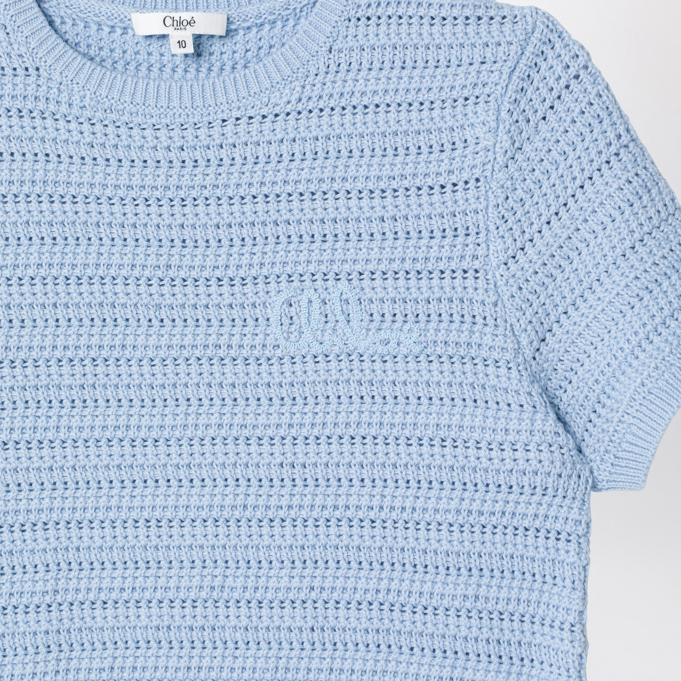 Light blue openwork sweater with logo embroidery