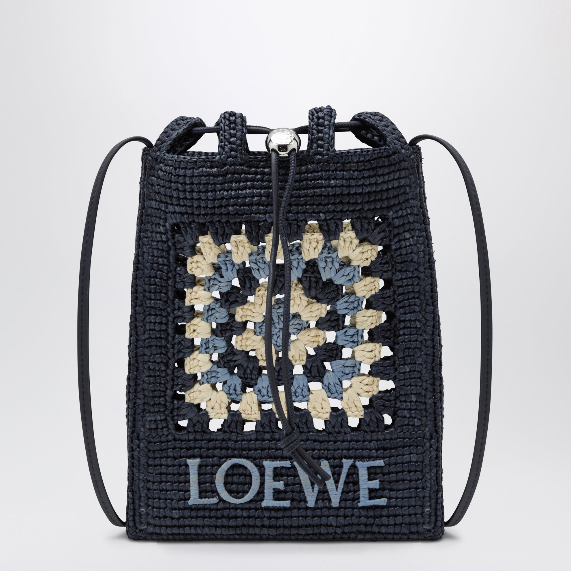 Pochette à cordon en raphia et cuir bleu marine/bleu clair