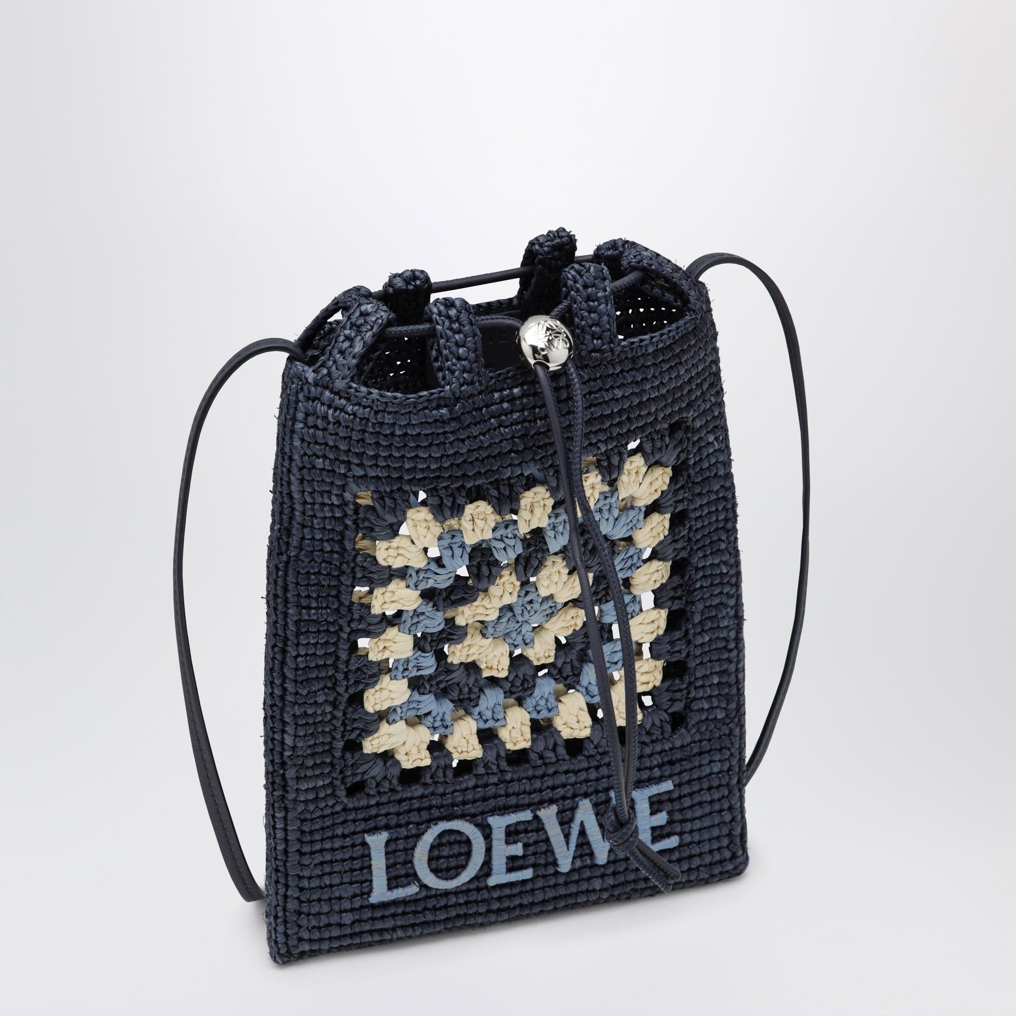Pochette à cordon en raphia et cuir bleu marine/bleu clair