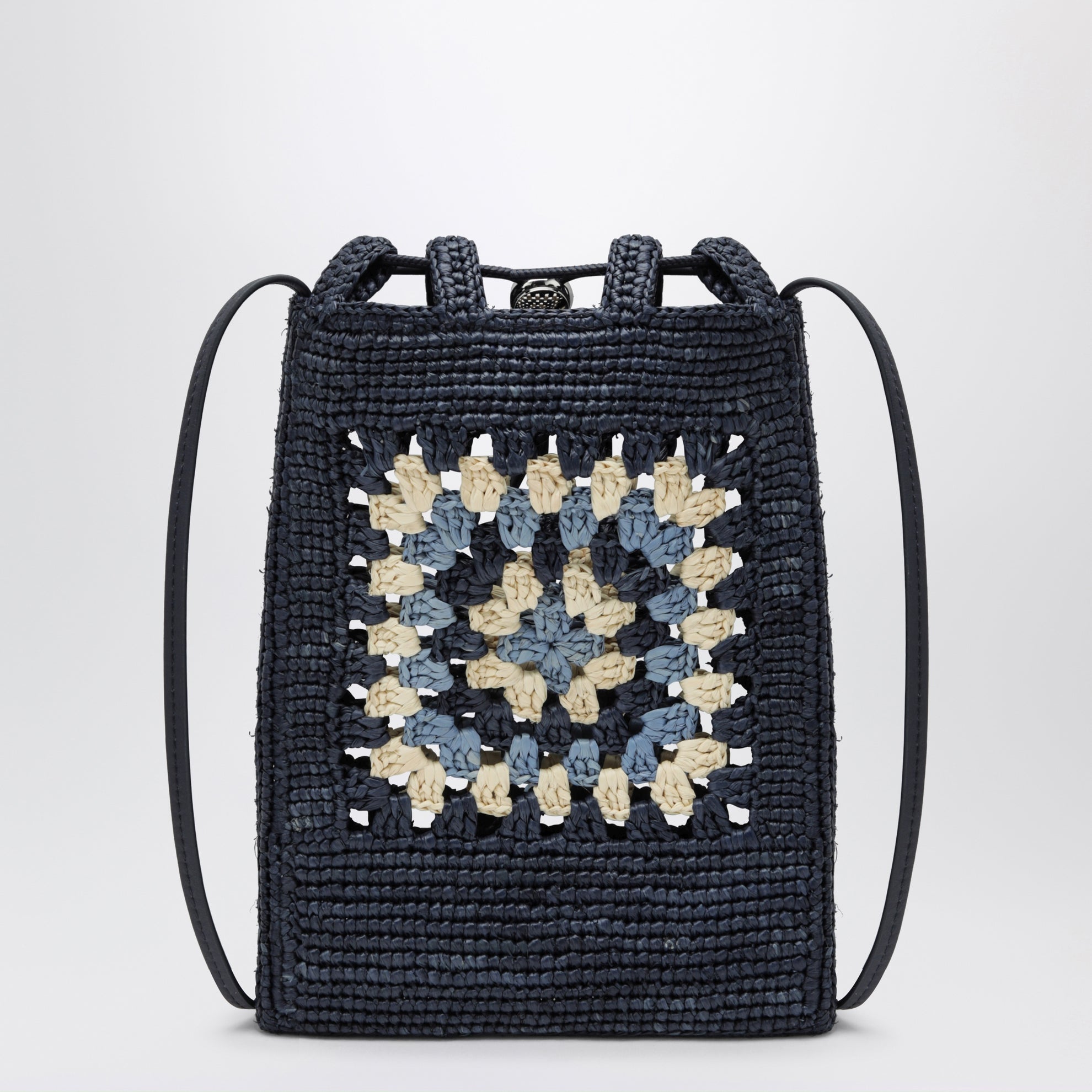 Pochette à cordon en raphia et cuir bleu marine/bleu clair