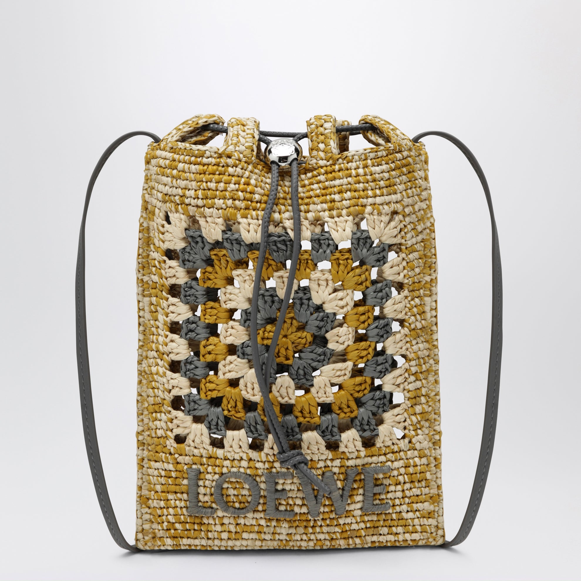 Pearl grey/mustard raffia and leather drawstring pouch