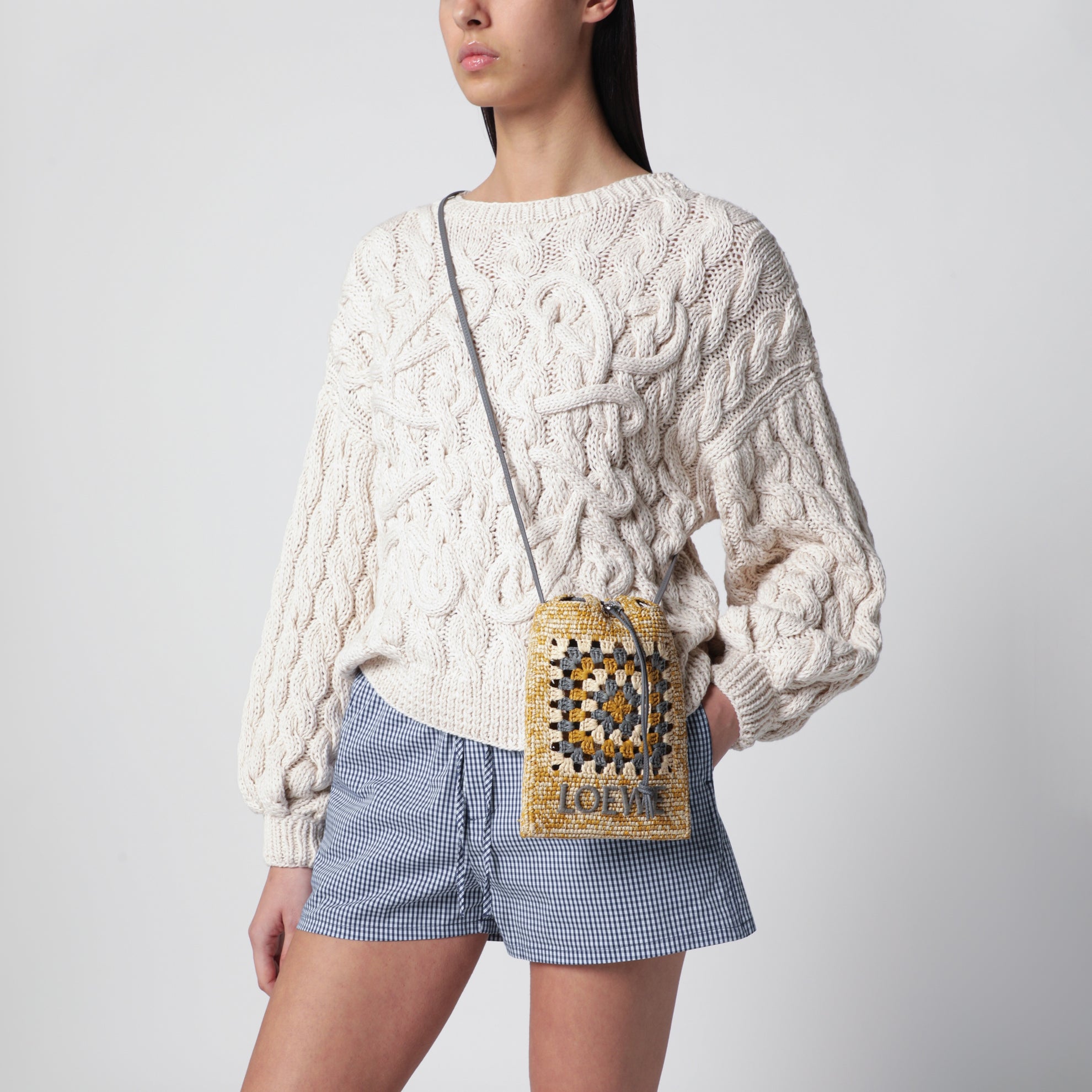 Pearl grey/mustard raffia and leather drawstring pouch