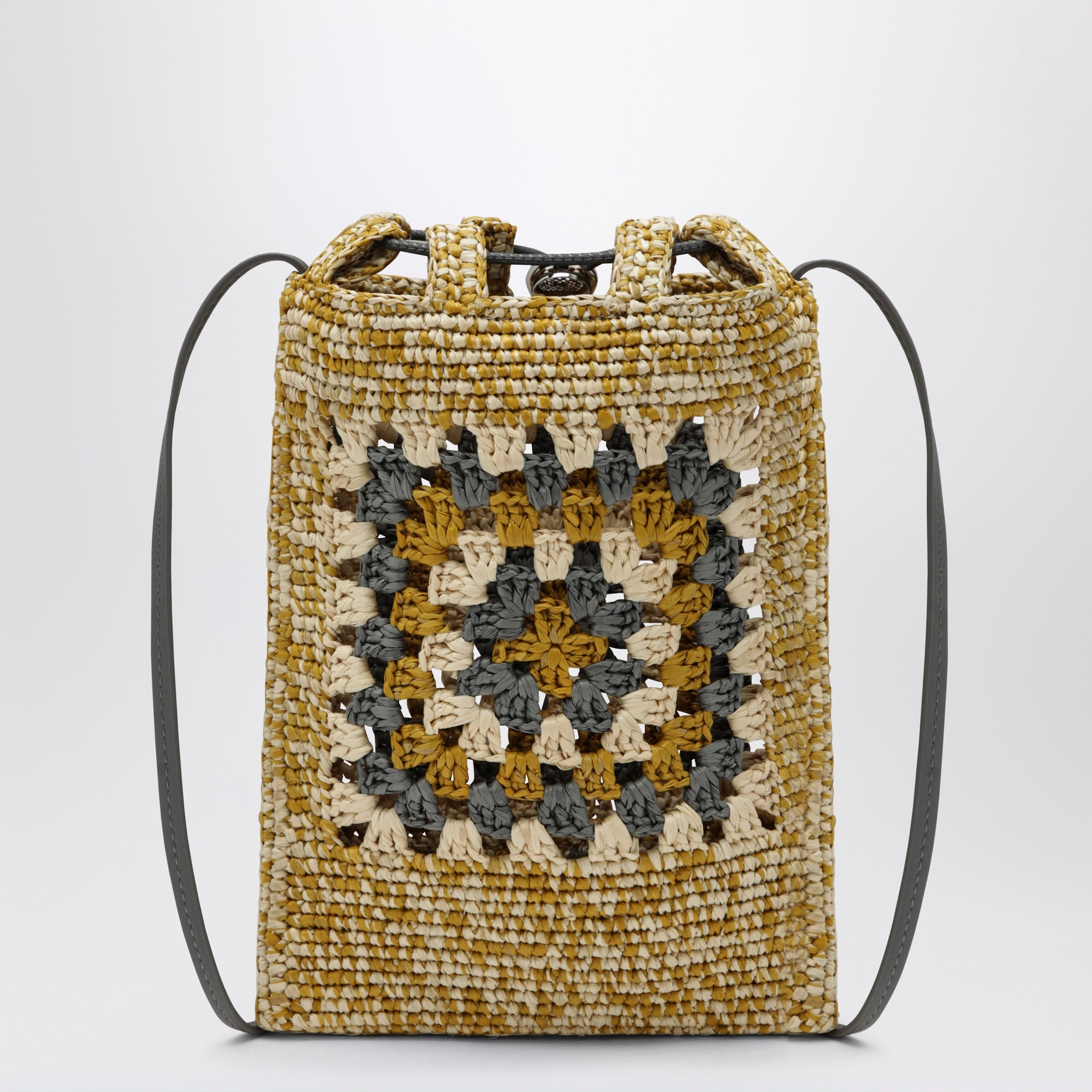Pearl grey/mustard raffia and leather drawstring pouch