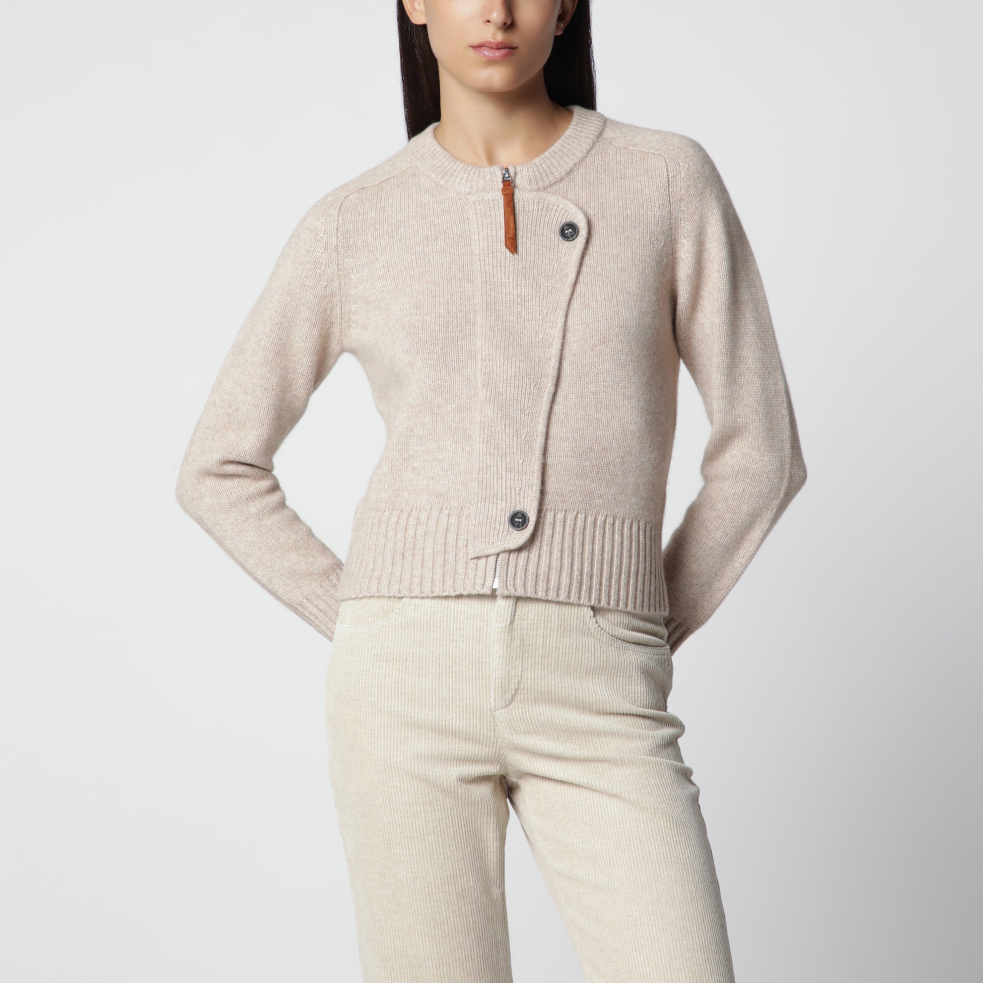 Beige wool zip-up cardigan