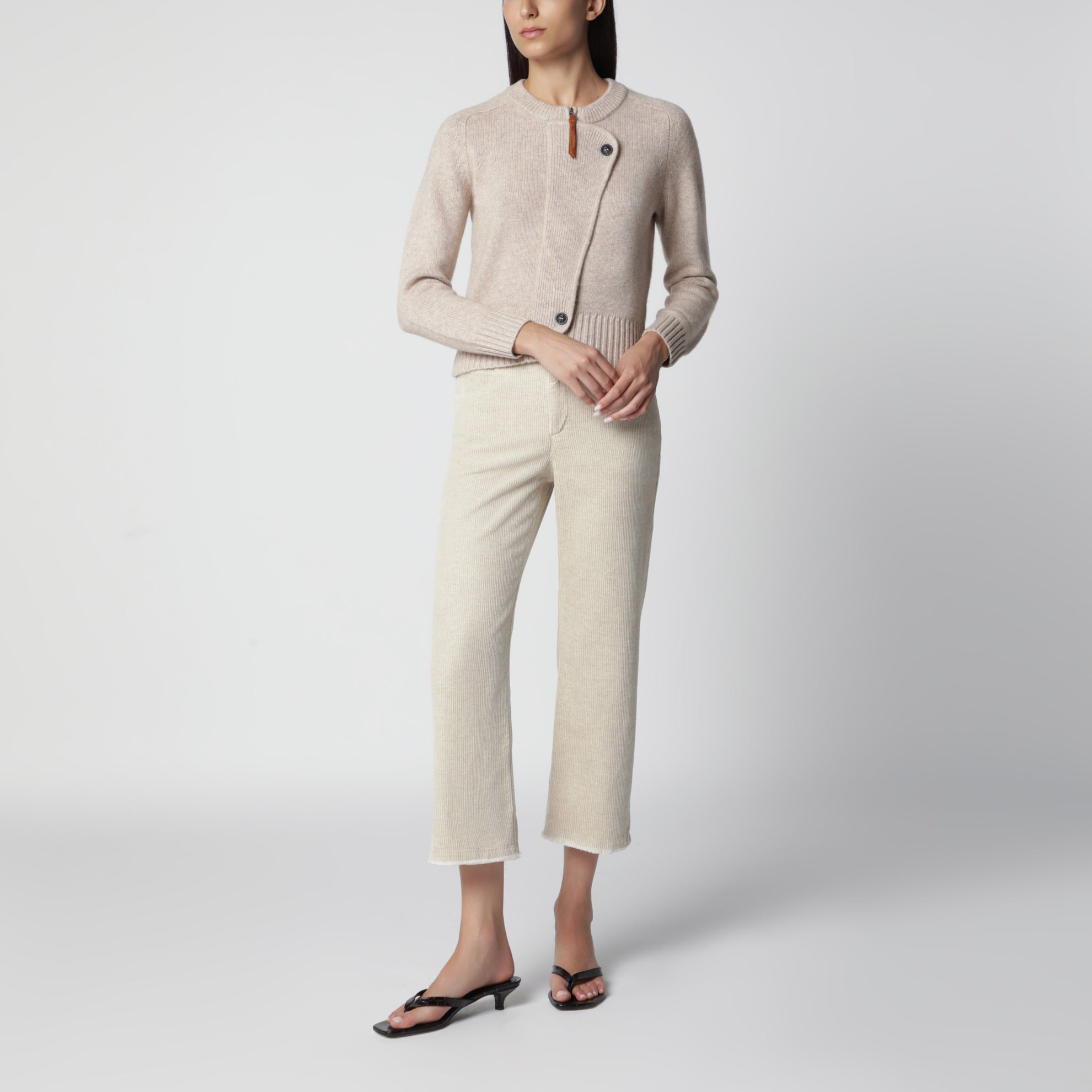 Beige wool zip-up cardigan