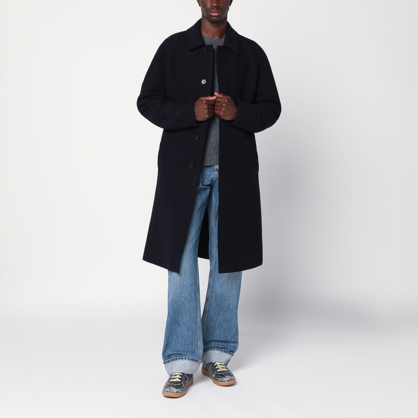 Cappotto monopetto blu navy in lana