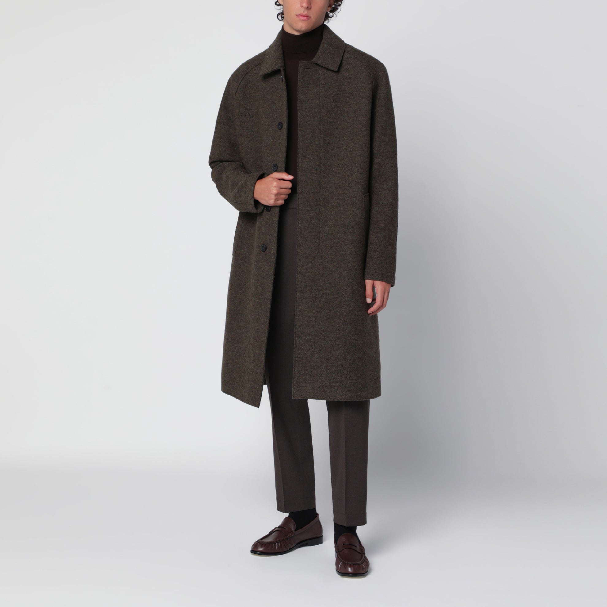 Cappotto monopetto grigio verde in lana