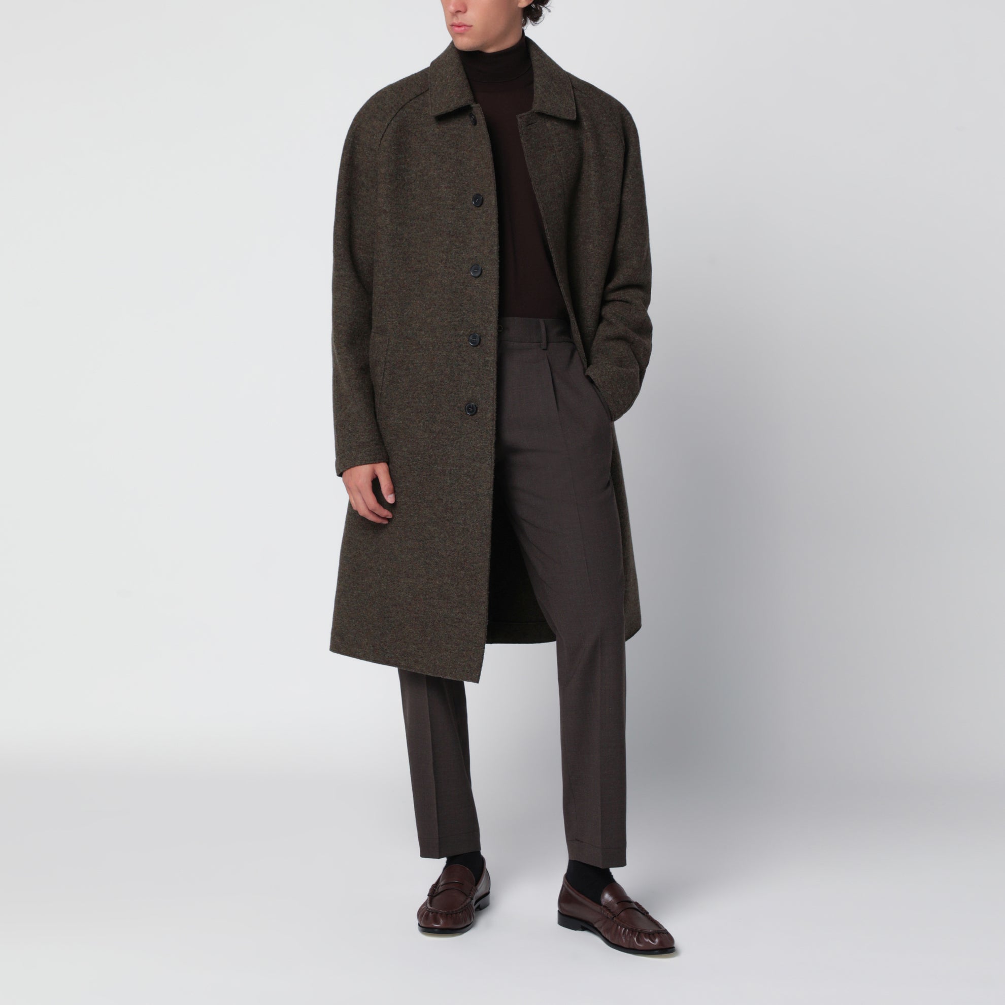 Cappotto monopetto grigio verde in lana