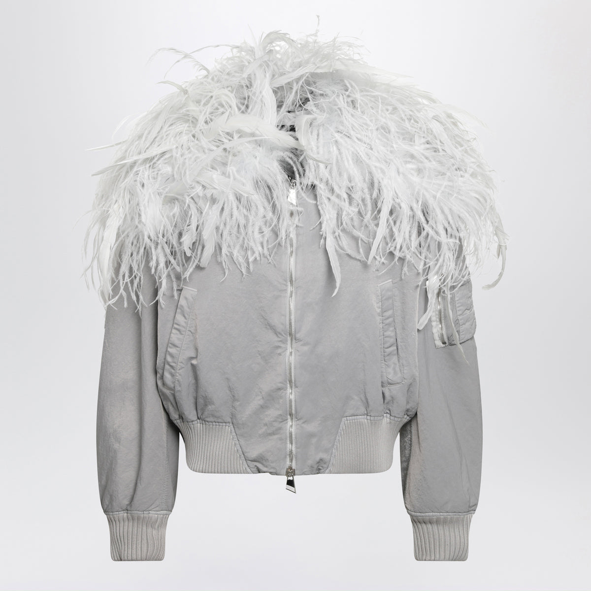Ice-coloured bomber jacket with feathers