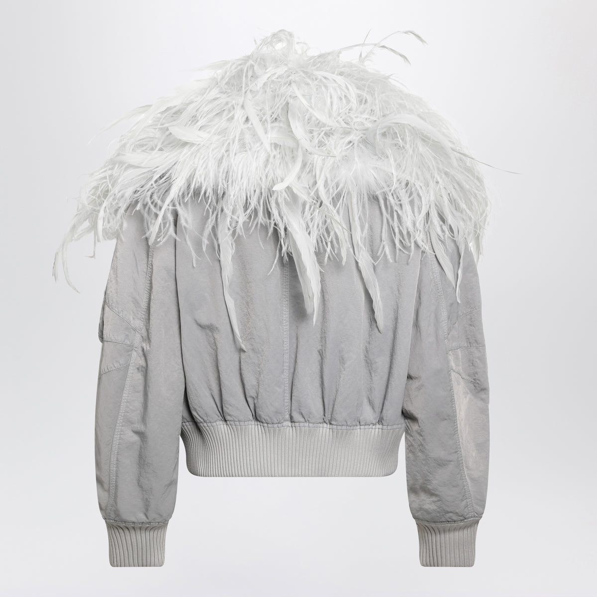 Ice-coloured bomber jacket with feathers