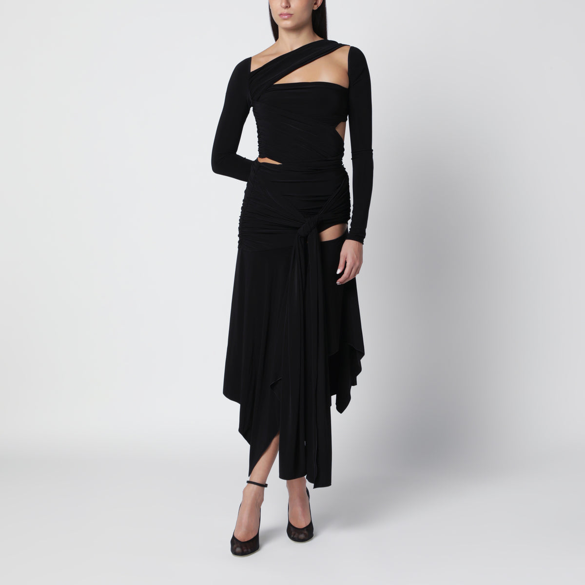 Black draped cut-out midi dress