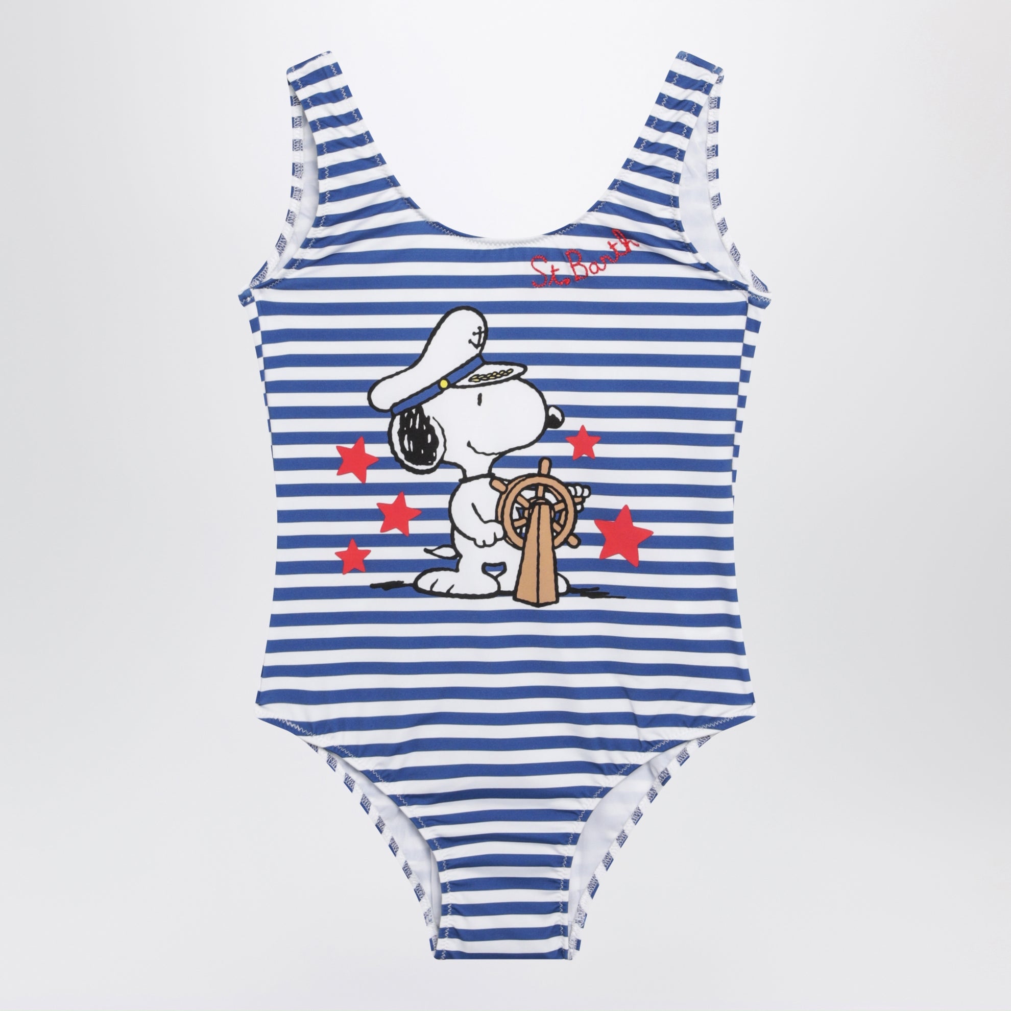 Striped one-piece swimsuit with Snoopy