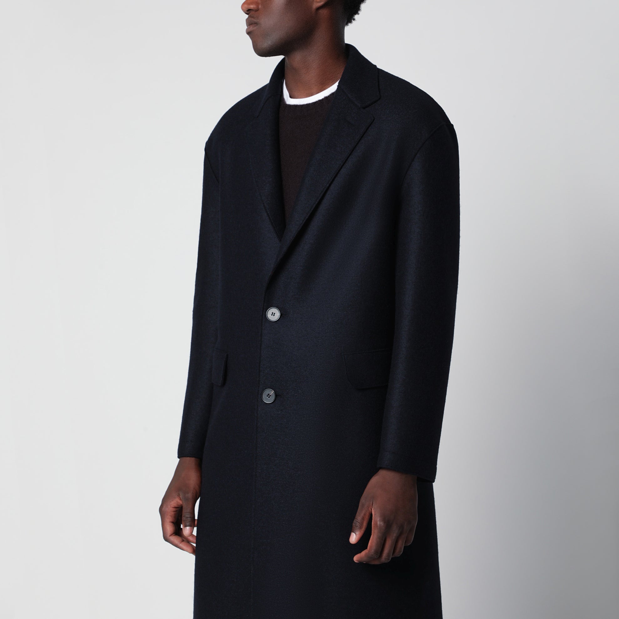 Navy single-breasted wool coat