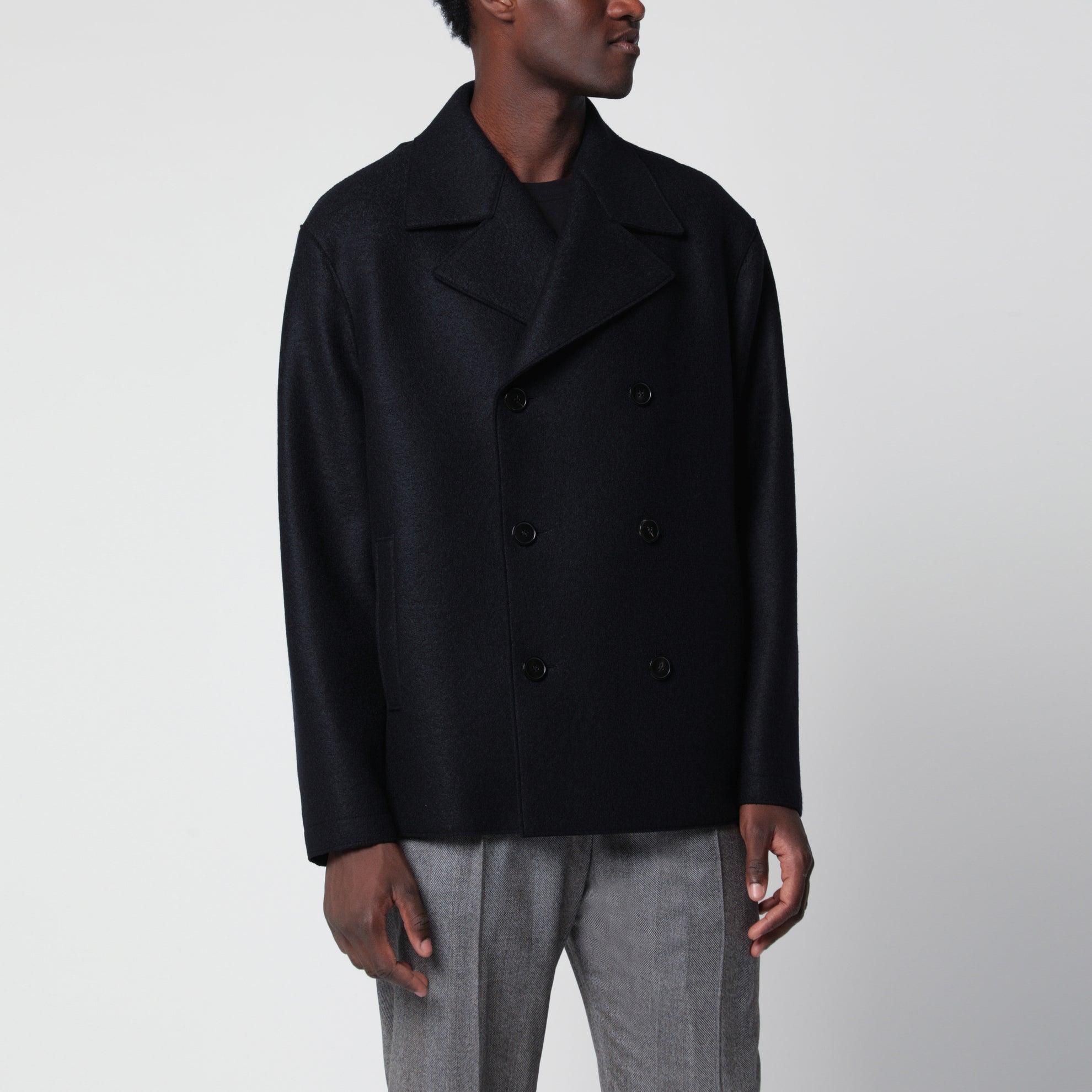 Navy short double-breasted wool coat