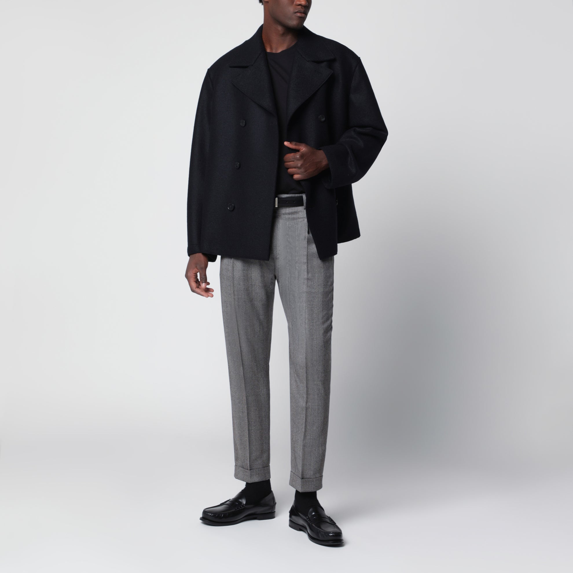 Navy short double-breasted wool coat
