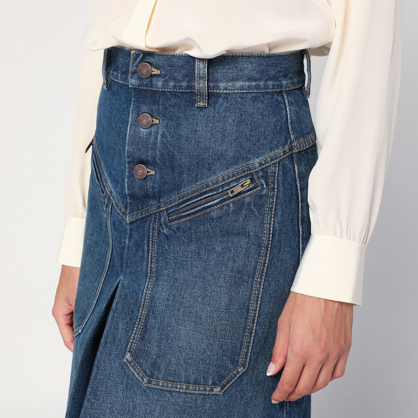 Knee-length skirt in washed blue denim