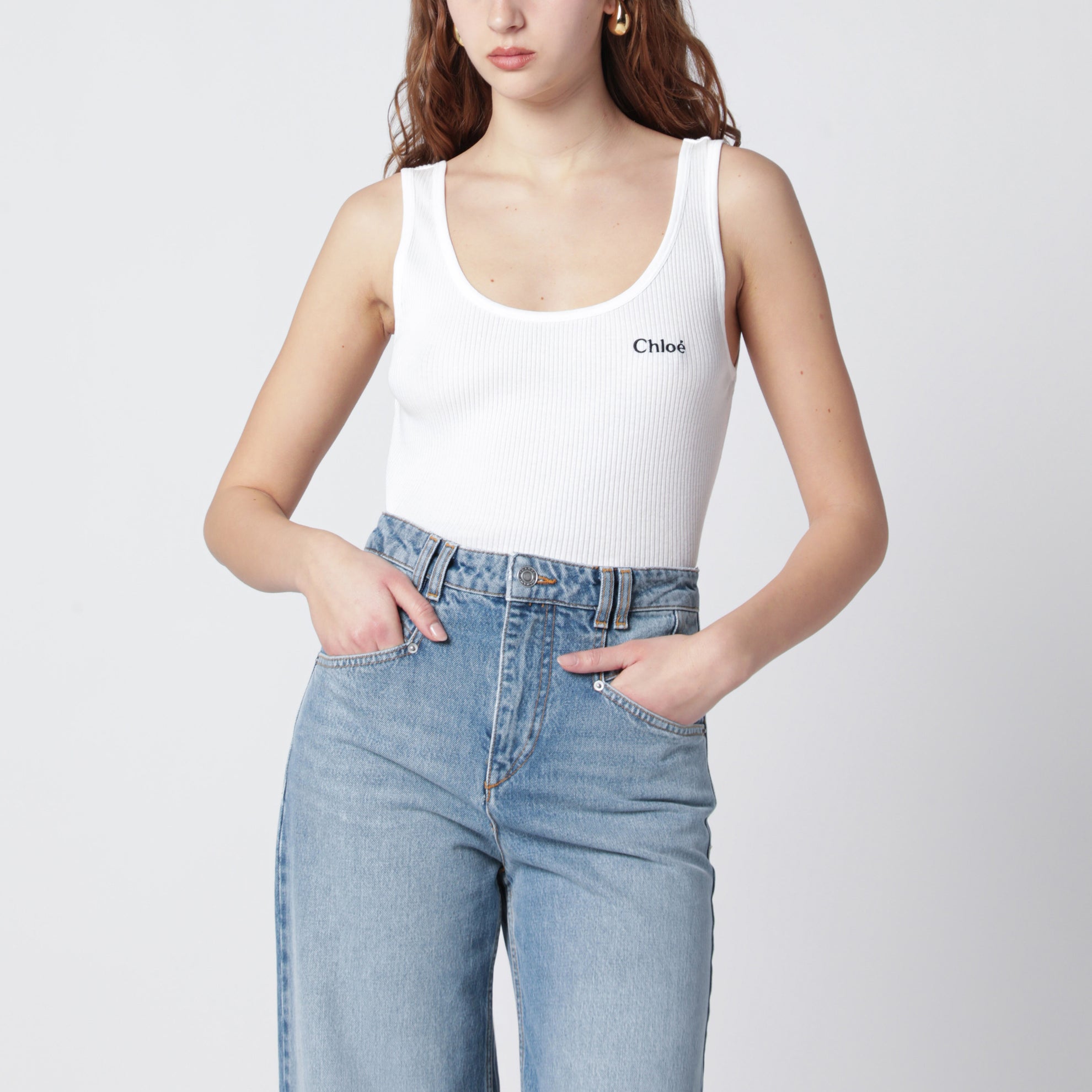 White ribbed tank top with logo
