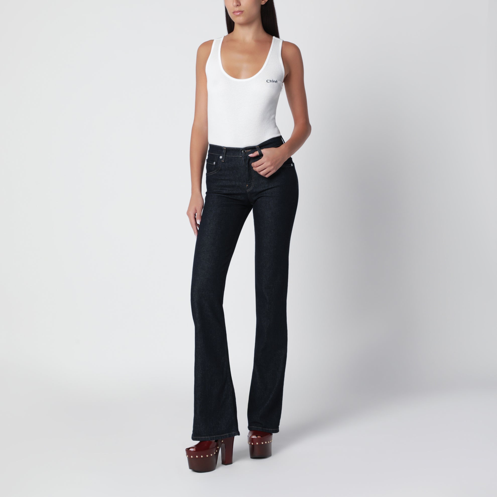 White ribbed tank top with logo embroidery
