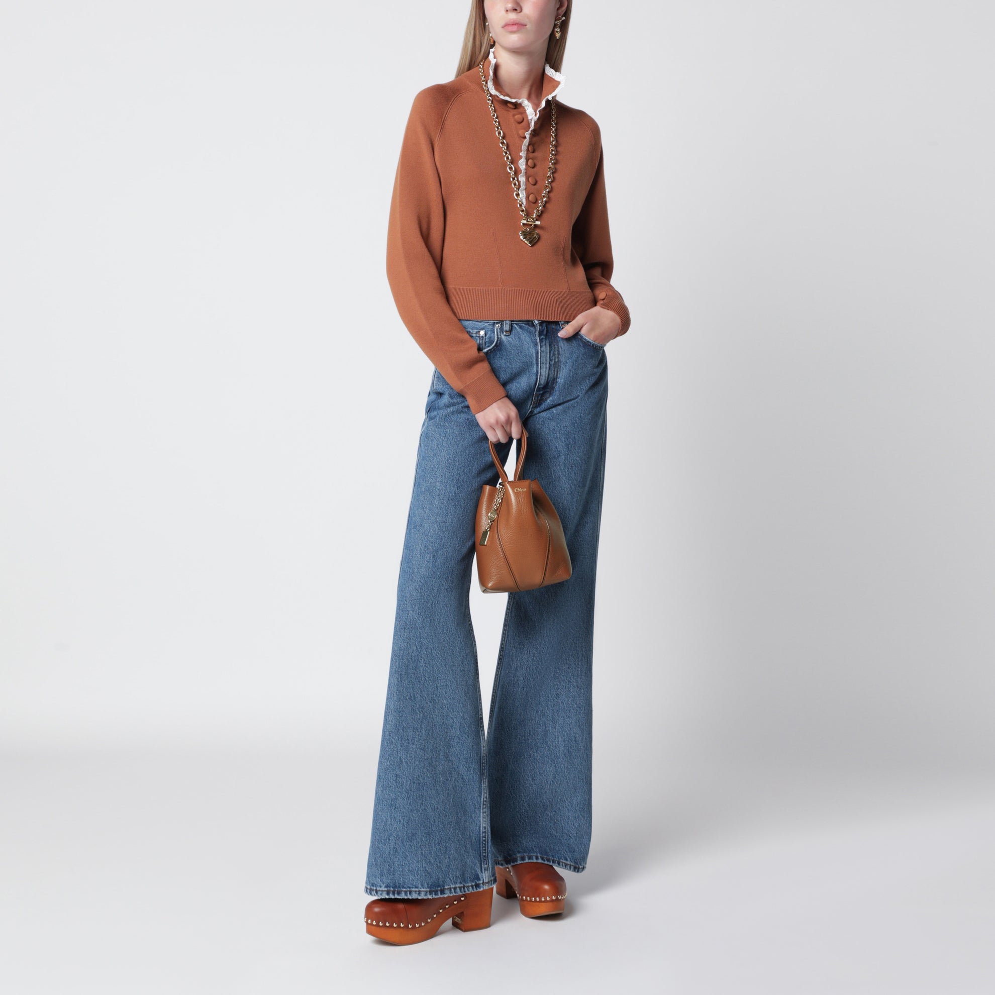 Small Spin brown leather tote bag