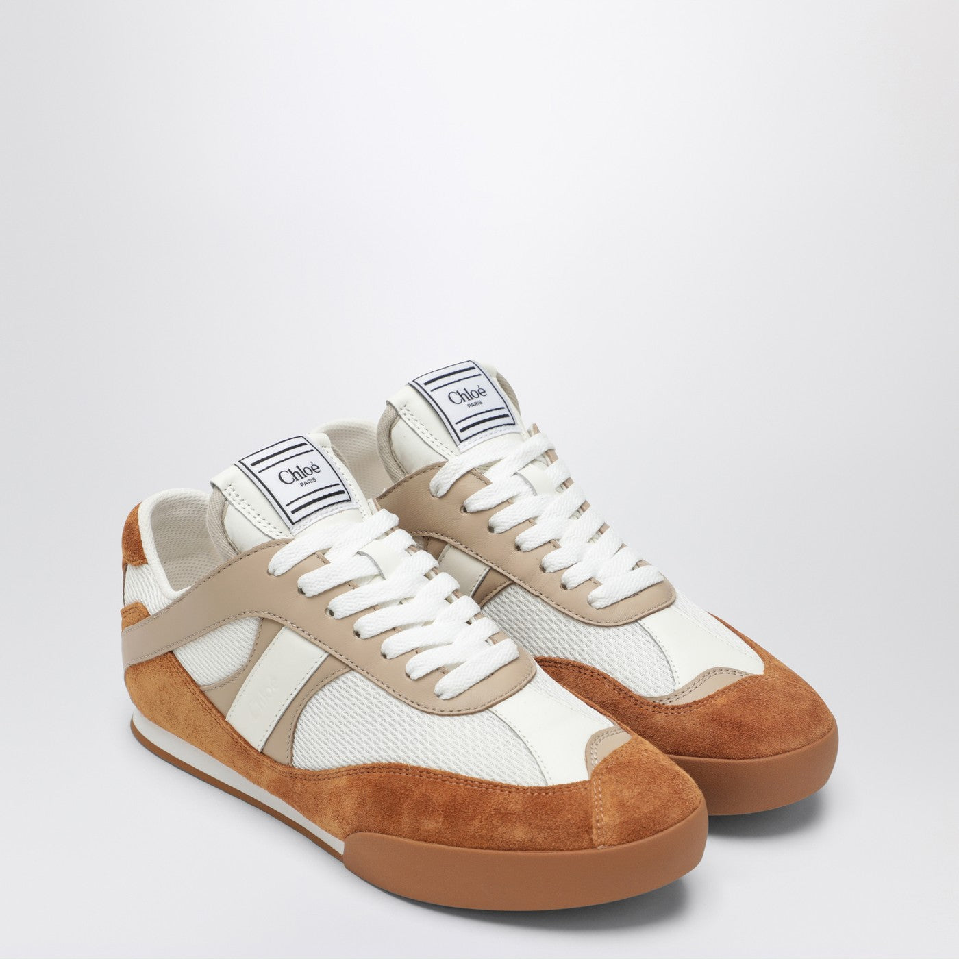 Baskets Chloé Kick marron et blanches en mesh et cuir