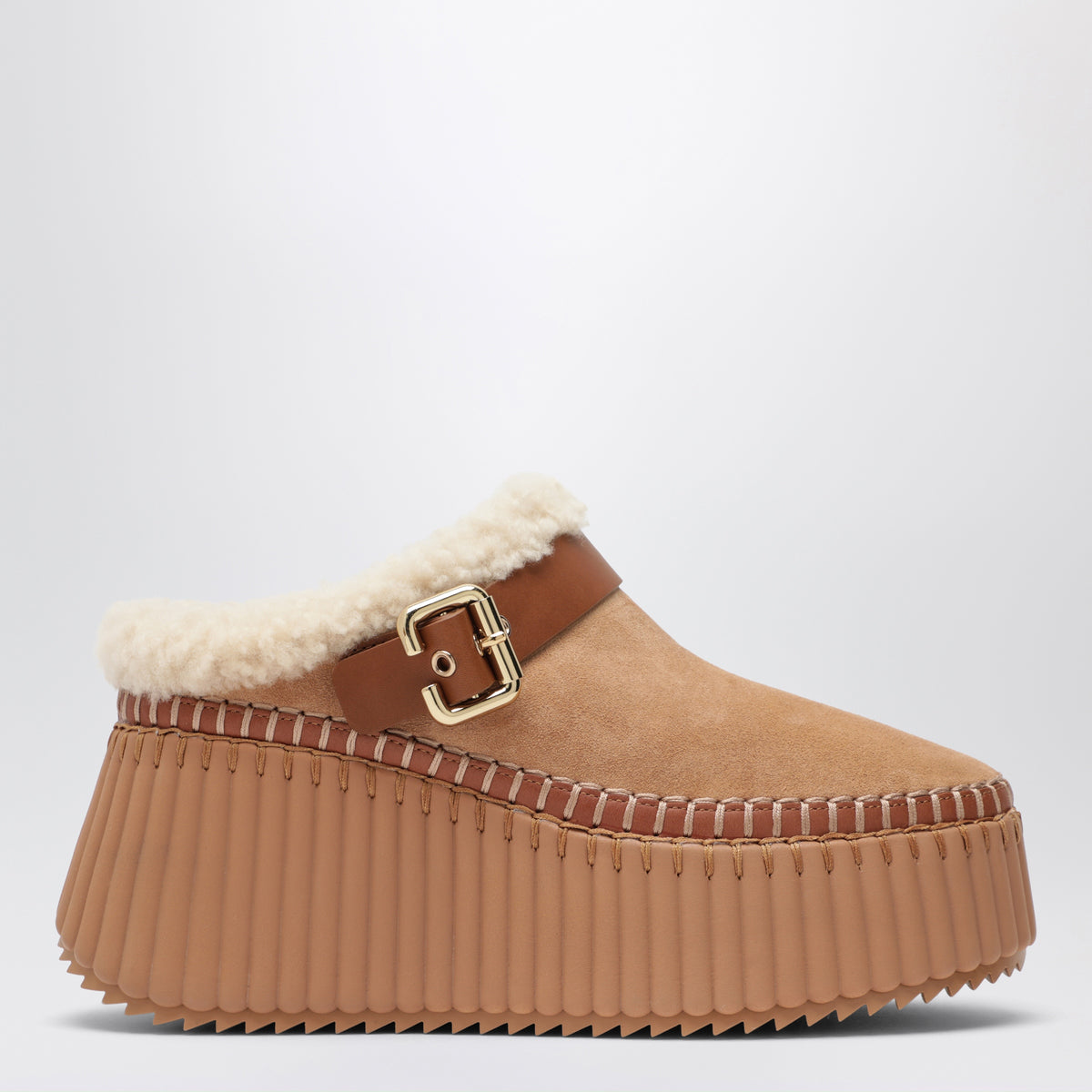 Light brown Nama suede wedge mules