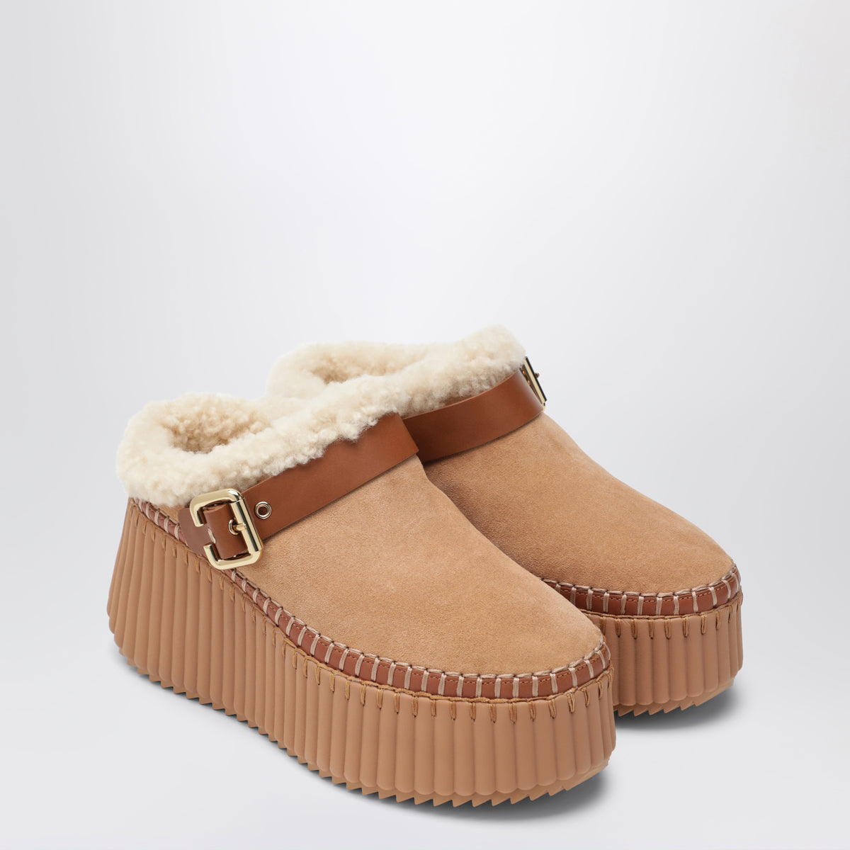 Light brown Nama suede wedge mules