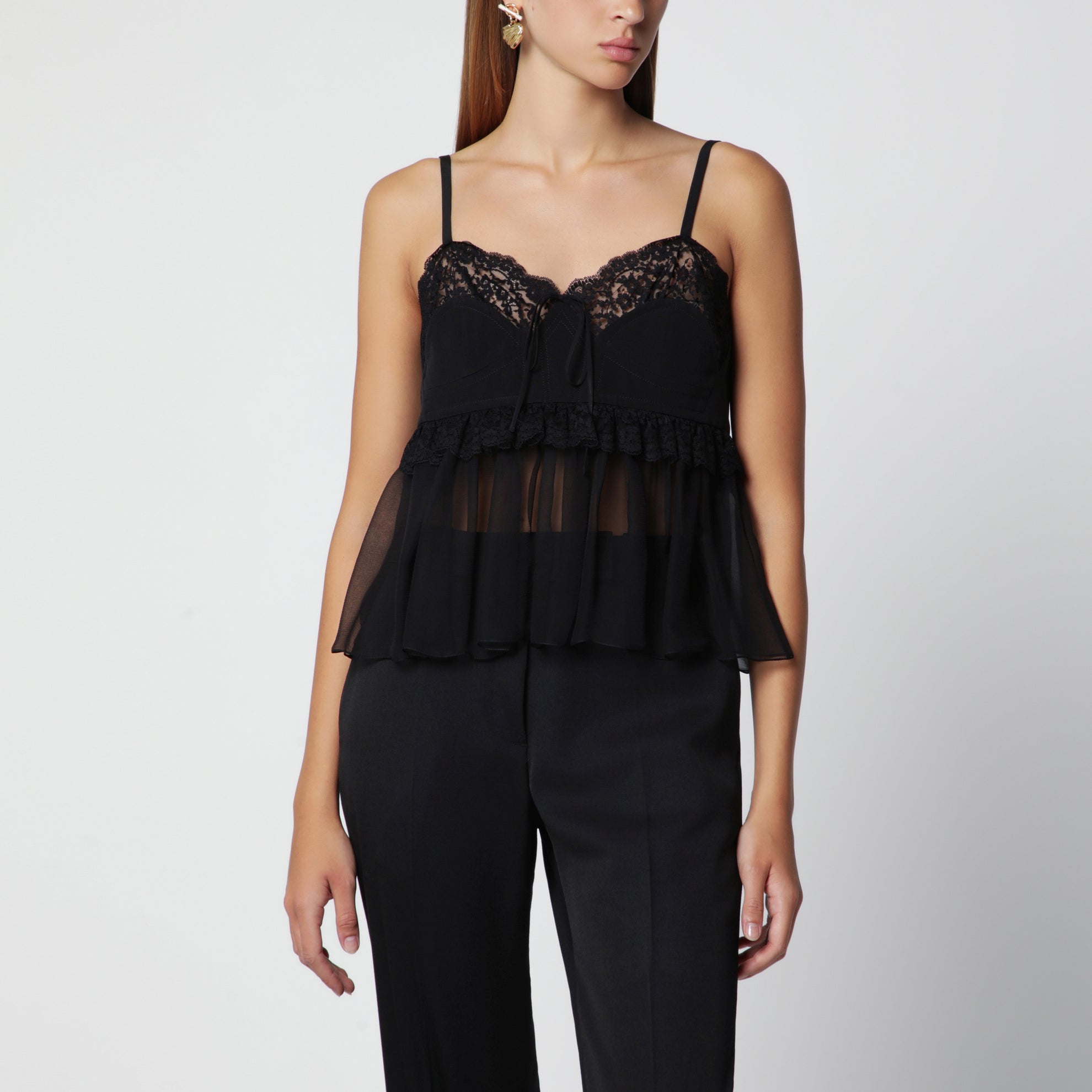 Silk crêpe de chine top with thin straps, black