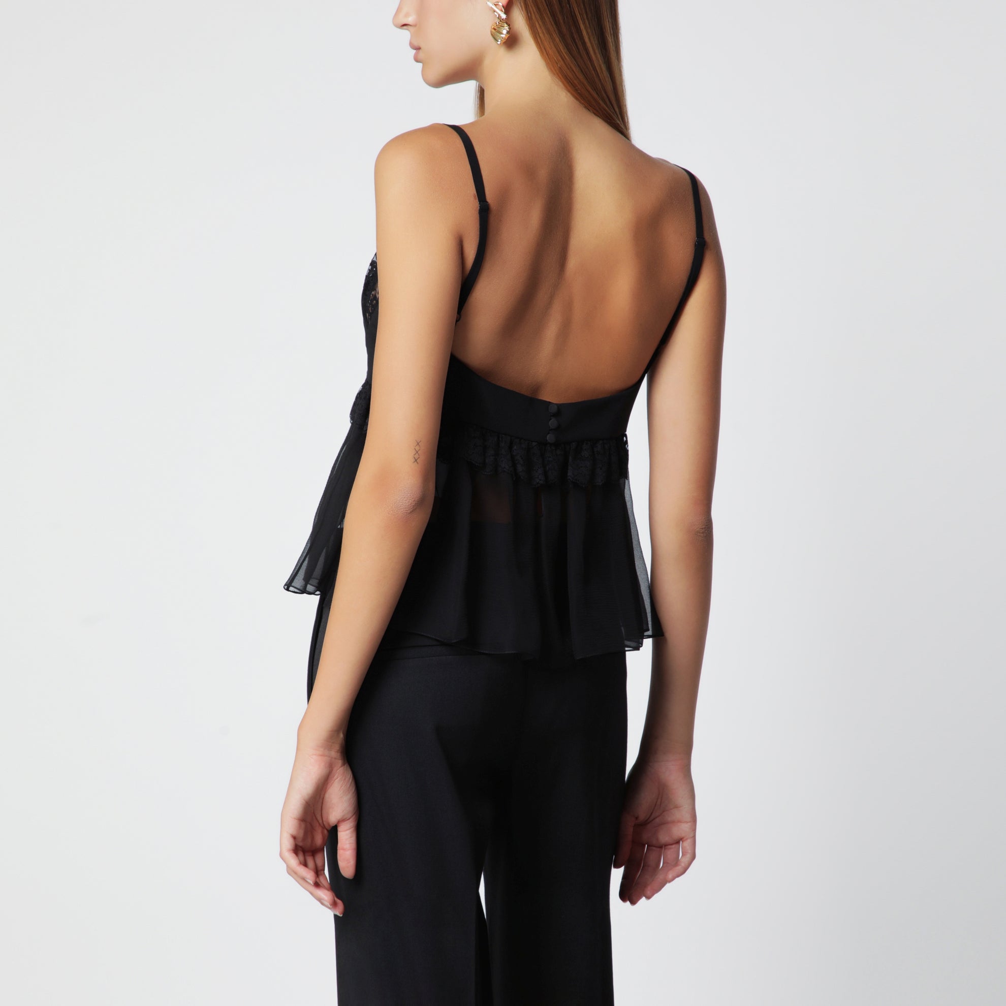 Silk crêpe de chine top with thin straps, black