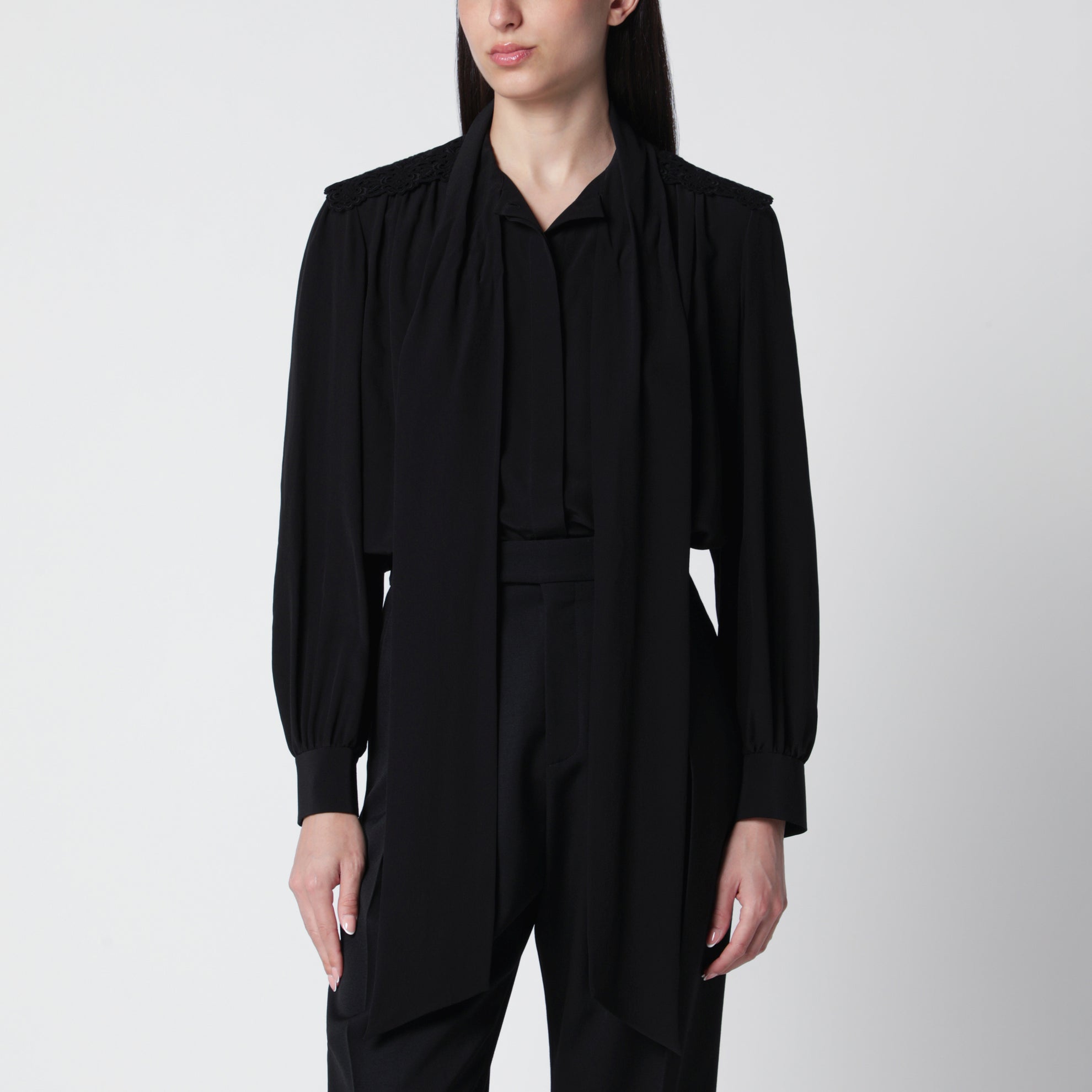 Black silk blouse with lavallière