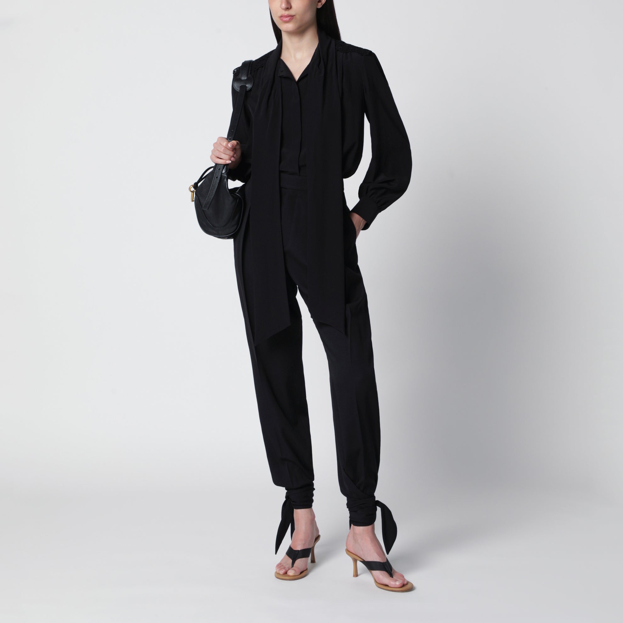 Black silk blouse with lavallière