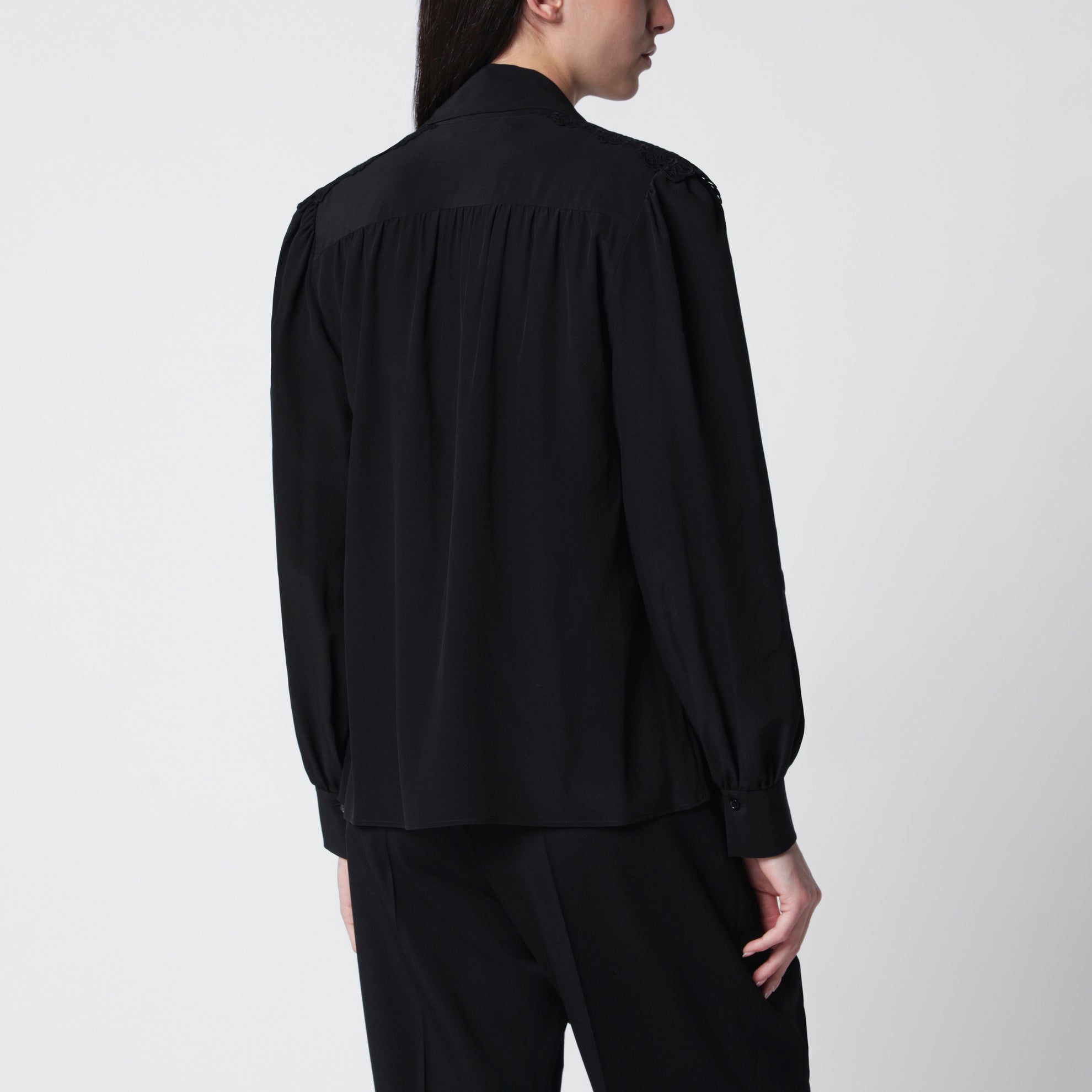 Black silk blouse with lavallière