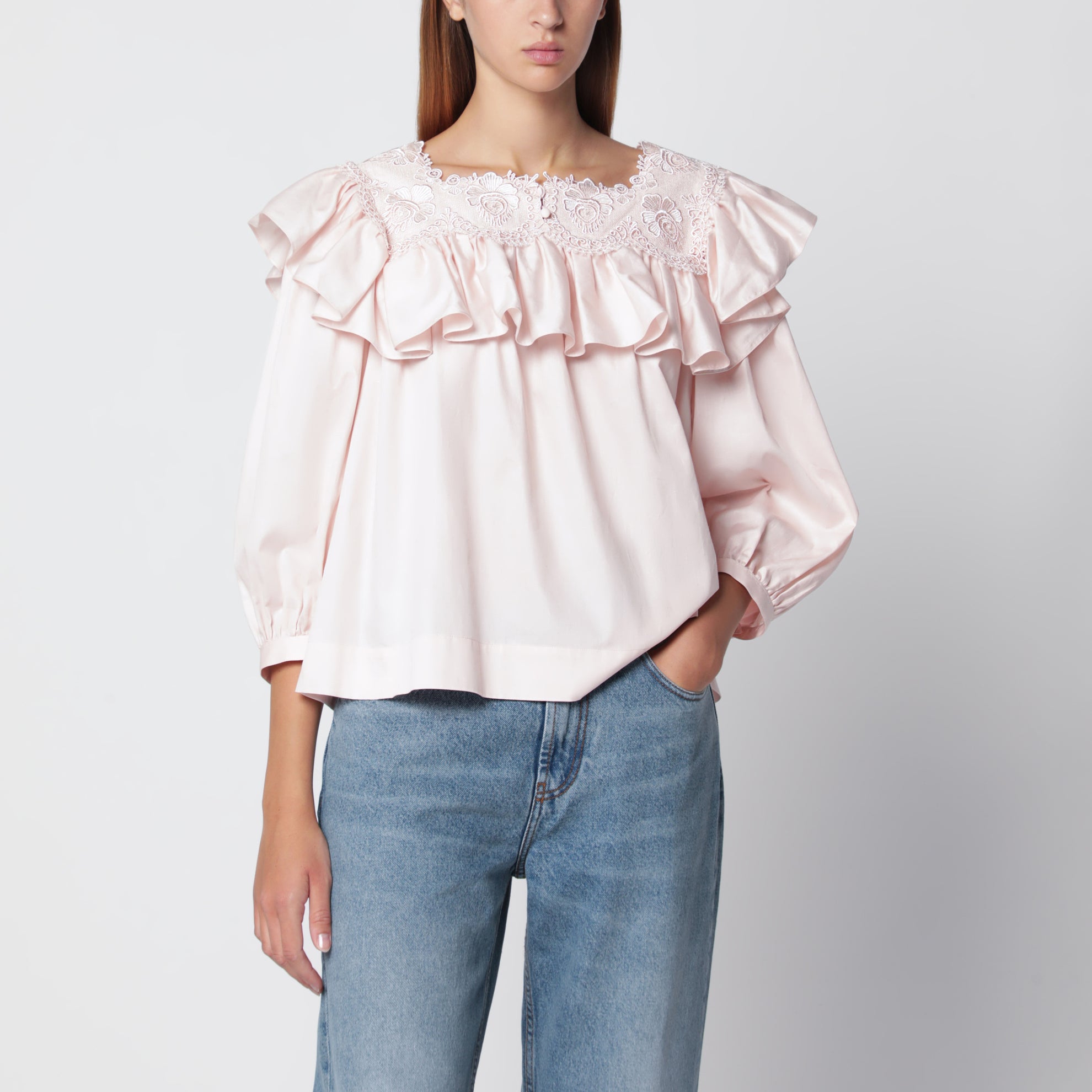 Pink cotton ruffle blouse