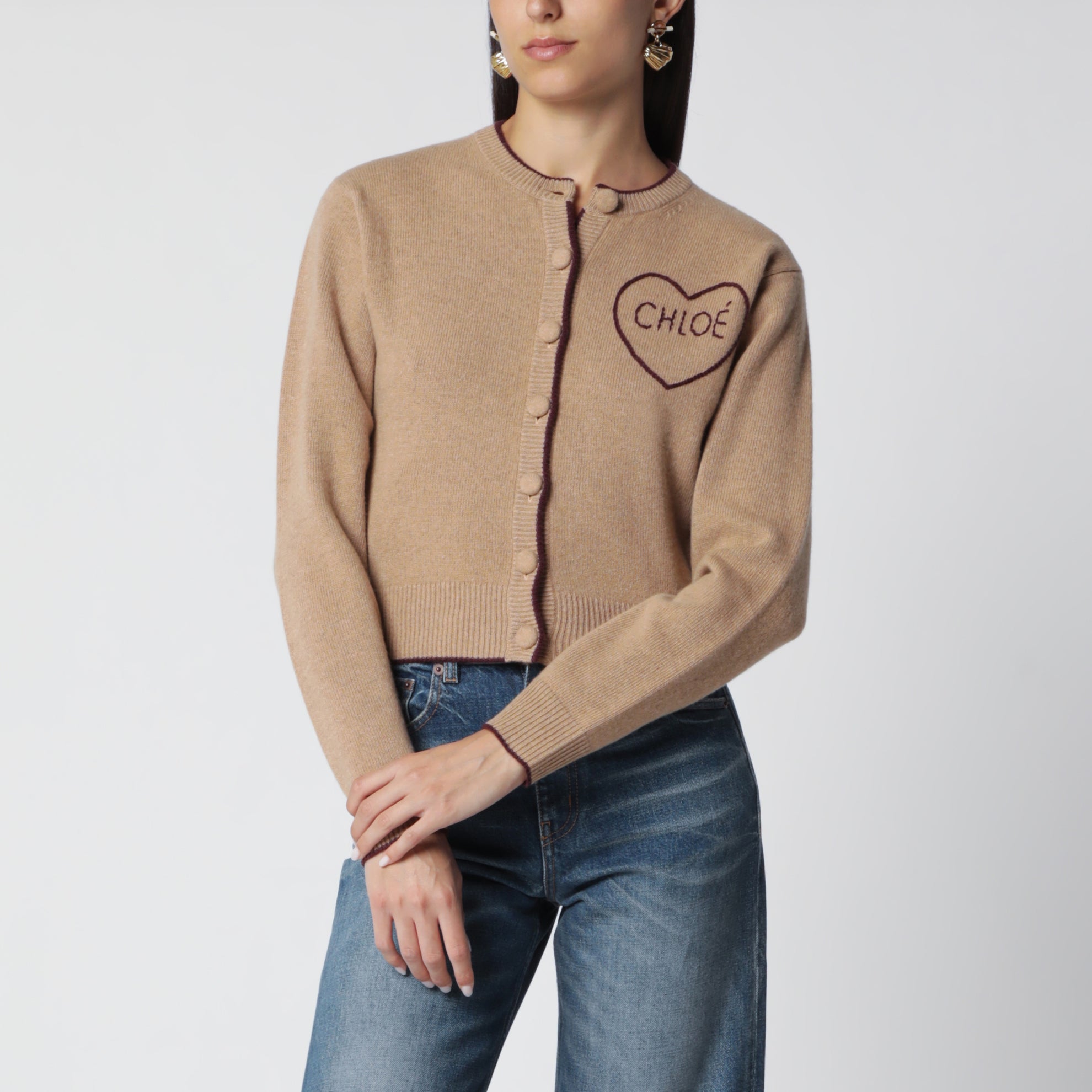 Light Brown Wool and Cashmere Logo Cardigan