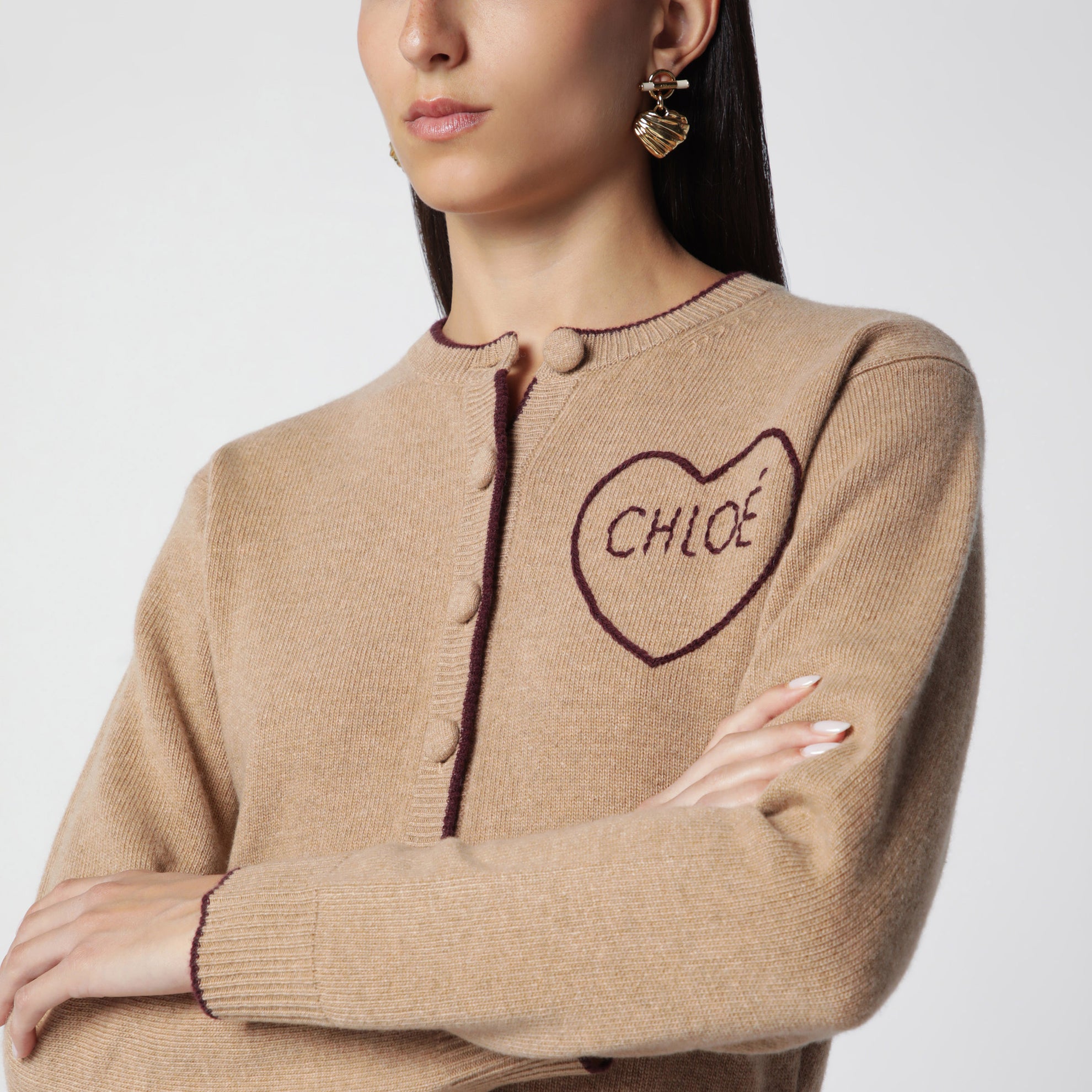Light Brown Wool and Cashmere Logo Cardigan