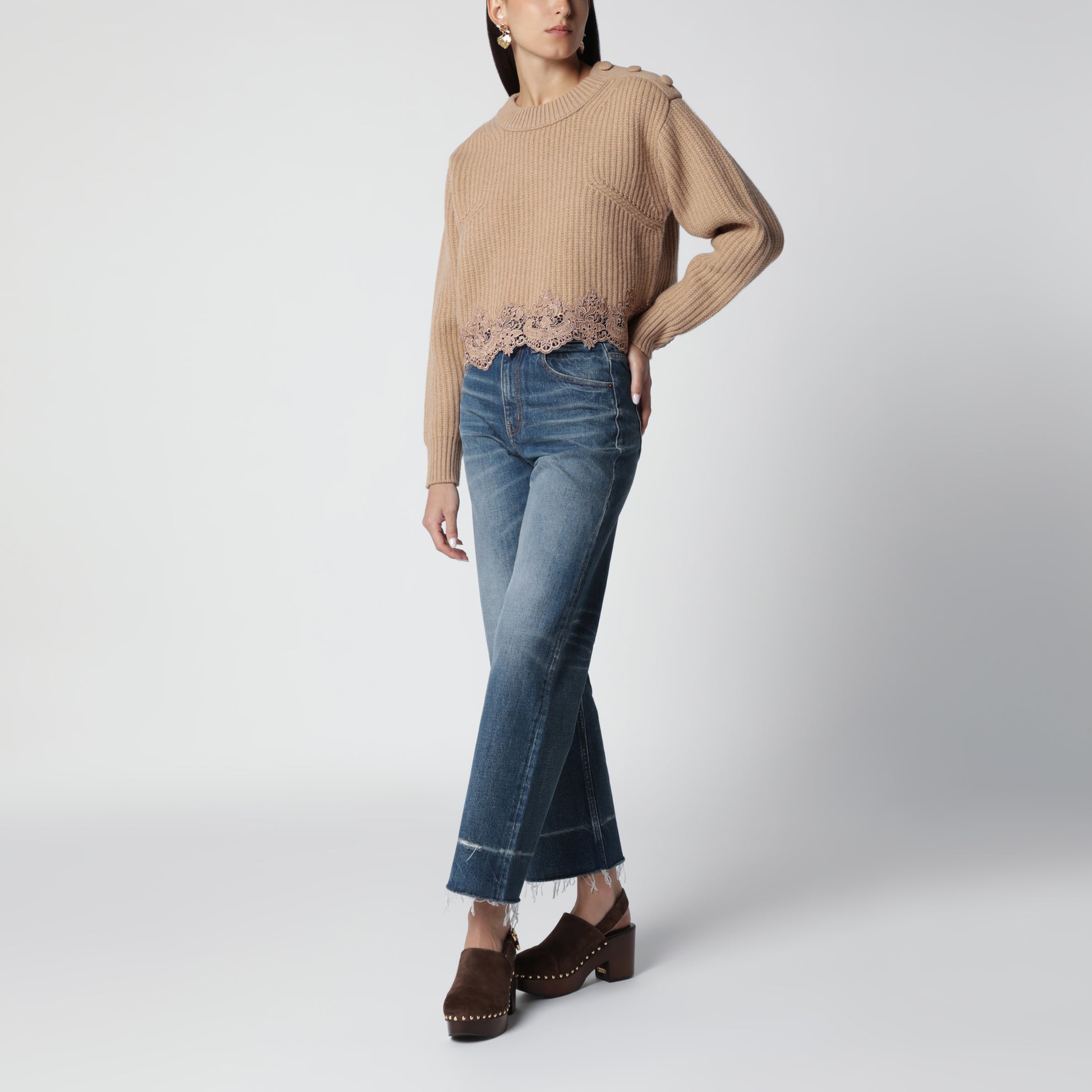 Maglione corto a lupetto in lana e cashmere Bleached Brown