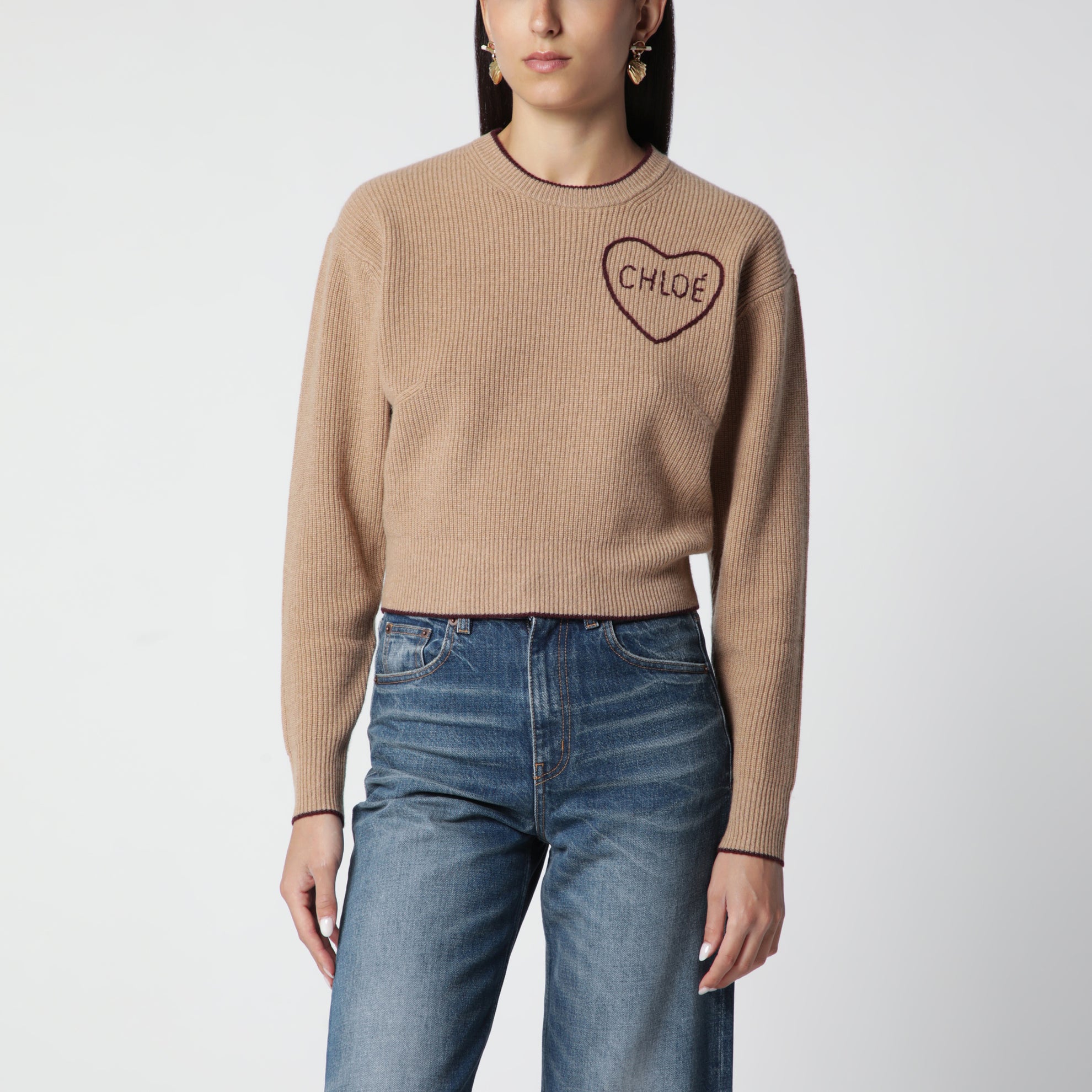 Pull avec logo en laine et cachemire marron clair